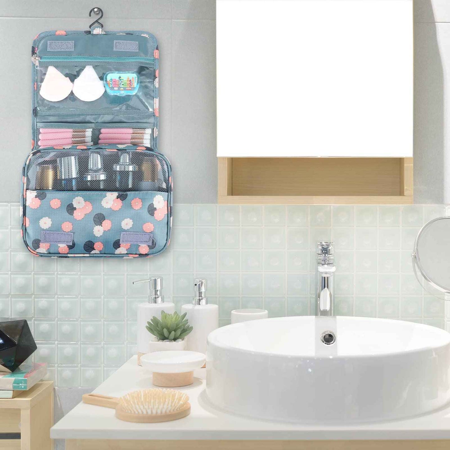 Pengxiaomei Toiletry Bag, Waterproof Hanging Cosmetic Bag Portable Travel Makeup Pouch Multifunction Handle Travel Toiletry Bag Organizer with Hook for Women Girls(Blue)