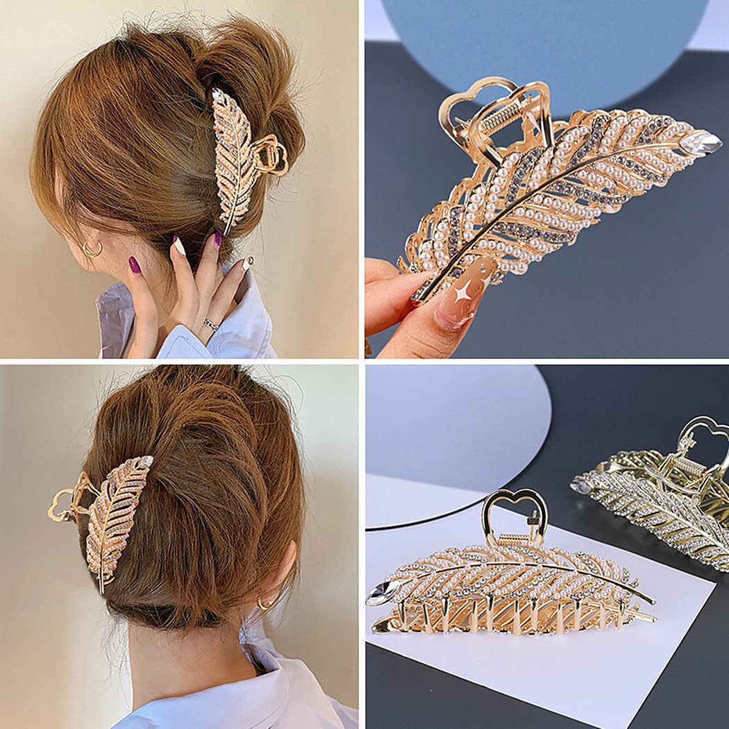 Rhinestone Hair Clips Pearl Leaf Shape Metal Hair Catch Barrette Jaw Clamp for Thin Thick Curly Hair Crystal Non-Slip Hair Claws Strong Hold Hair Accessories for Women, Bride, Bridesmaid