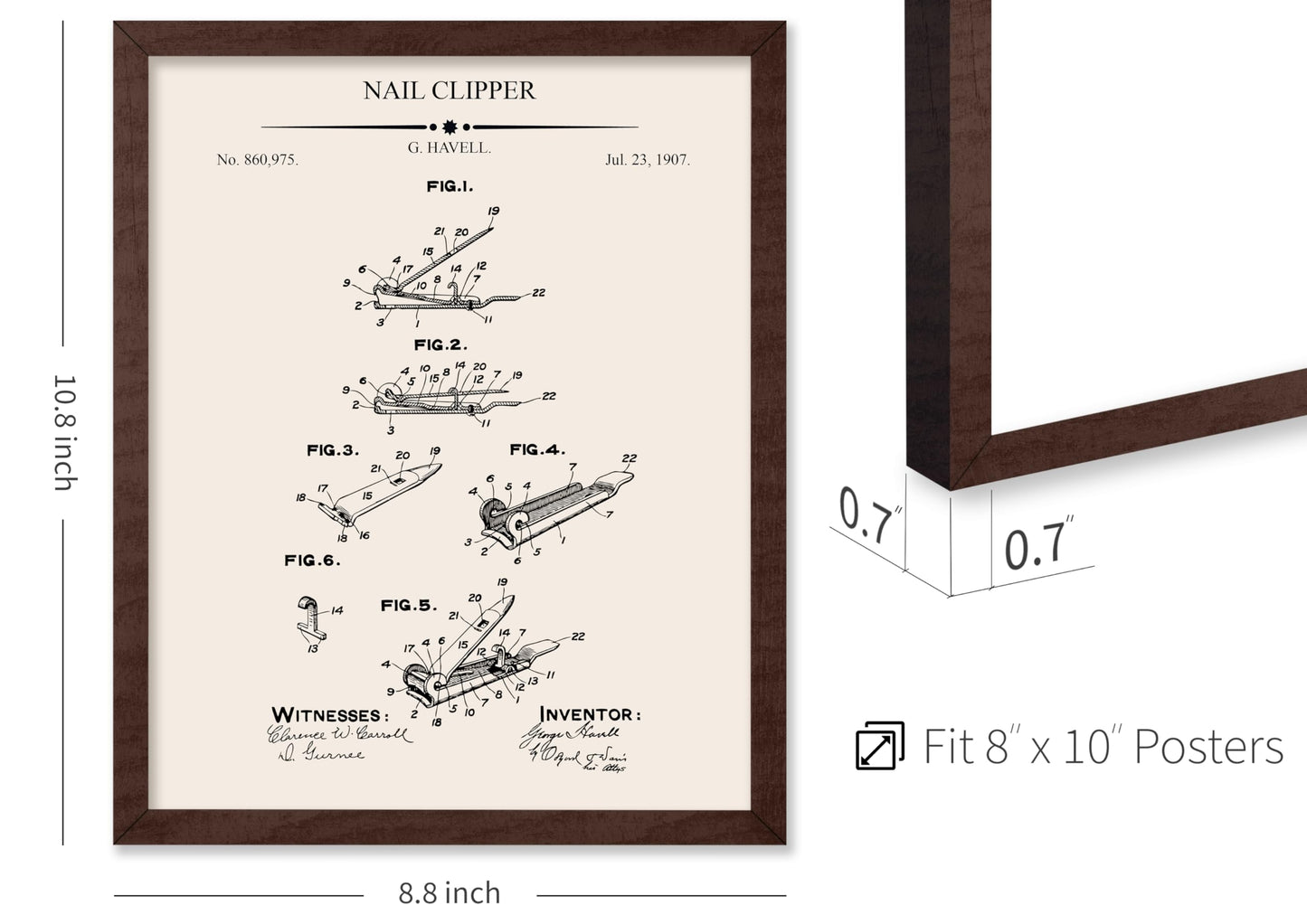 Poster Master 4-Piece Nail Clipper Blueprint Poster - Nail Polish Protector Patent Print - Polish Applicator Art - Dryer Art - Salon Art - Technical Drawing Art - Salon Decor, 8x10 Brown Framed