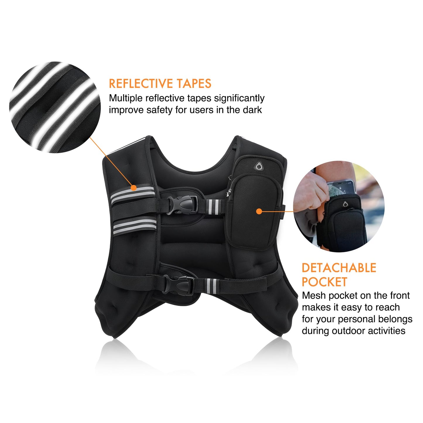 ZELUS Weighted Vest, 6lb/8lb/12lb/16lb/20lb/25lb/30lb Weight Vest with Reflective Stripe for Workout, Strength Training, Running, Fitness, Muscle Building, Weight Loss, Weightlifting(25LB)