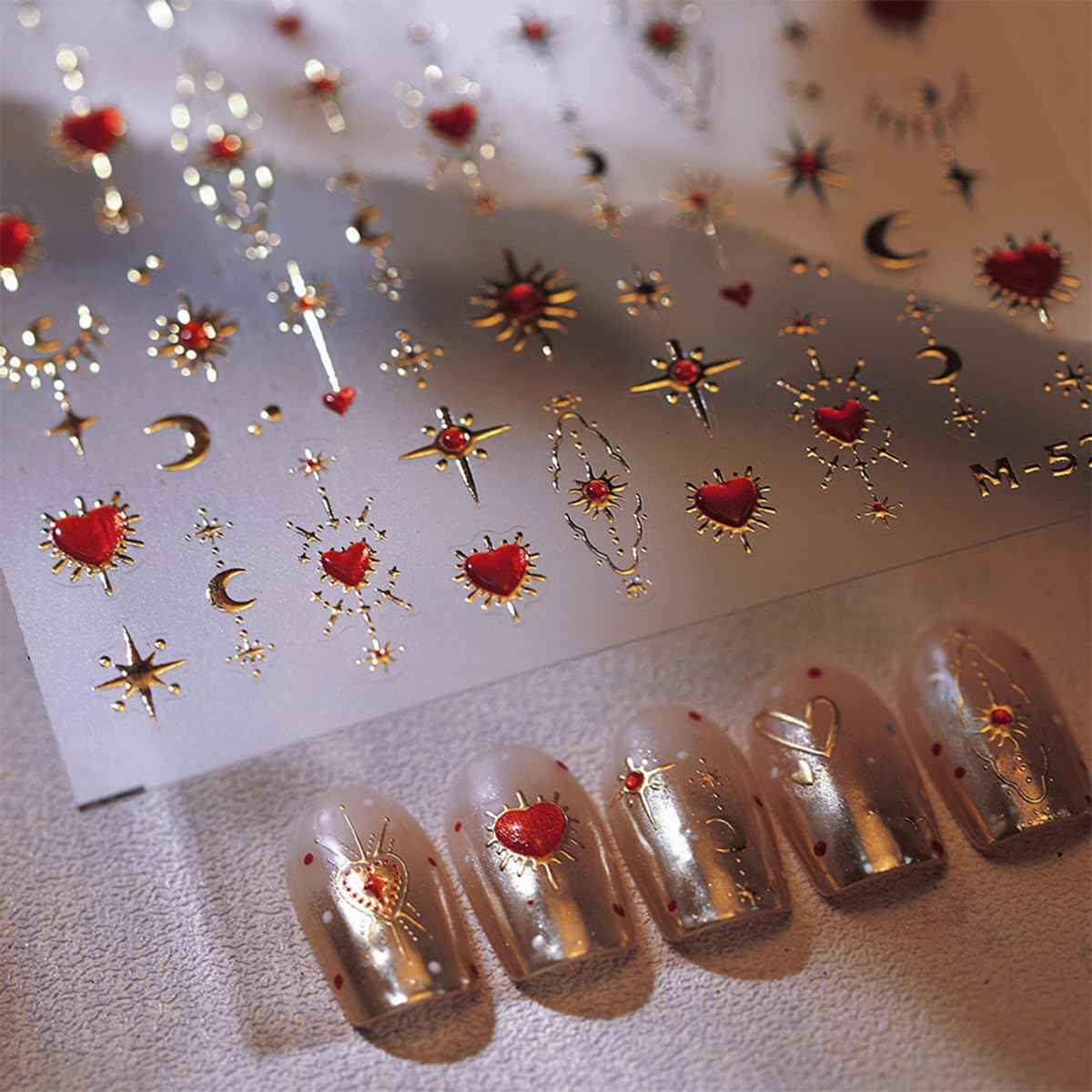 5D Embossed Gold Star Nail Stickers - Red Heart & Moon Nail Art Stickers for Valentine's Day DIY Manicure