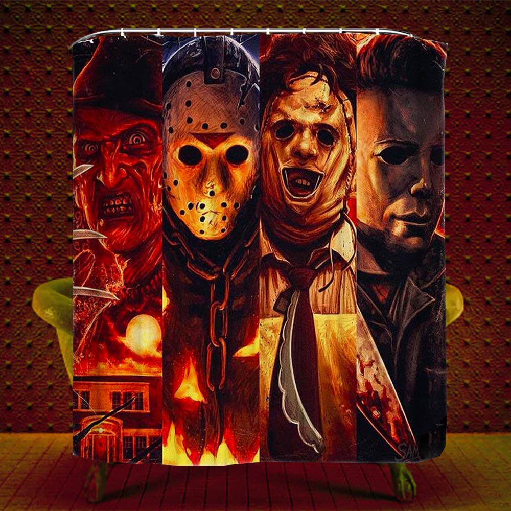 Halloween Shower Curtain Set for Bathroom- Scary Killer Freddy Jason Michael, Horror Movie Themed Holiday Polyester Fabric Decoration with Hooks and Toilet Stickers, Christmas Party Decor 72x72