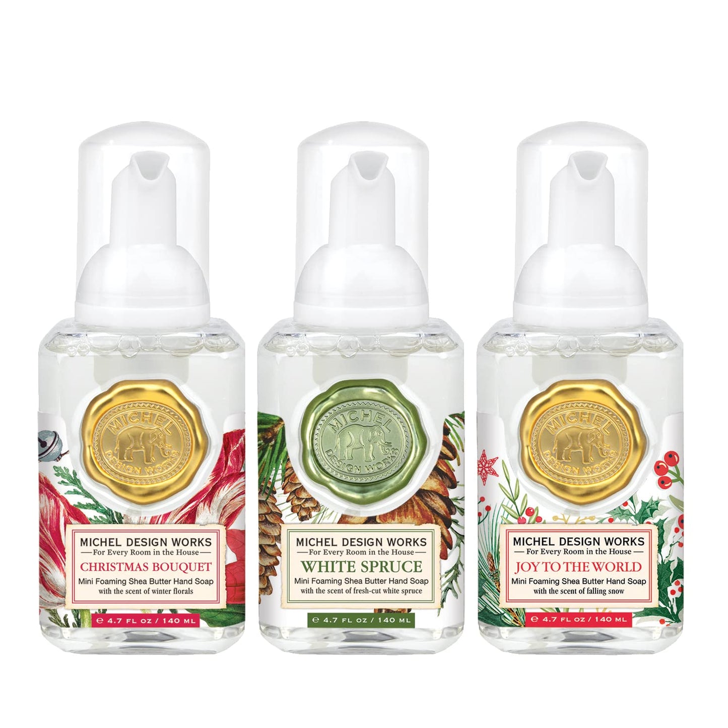 Michel Design Works Mini Foaming Soap 3-Pack Set, 17.8oz each, Christmas Bouquet, White Spruce, Joy to the World Scent and Design, Shea Butter and Aloe Vera, Classic Square Container with Pump