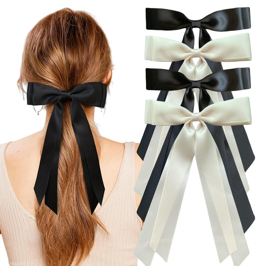 Hair Bow Clips 4 Pcs, Women Silky Satin Hair Bowknot Clips Hairclips Double Ribbon Tassel Ponytail Holder Accessories, Hair Bow Barrettes Clips for Girls Toddlers Teens Kids Gifts, Black+Beige