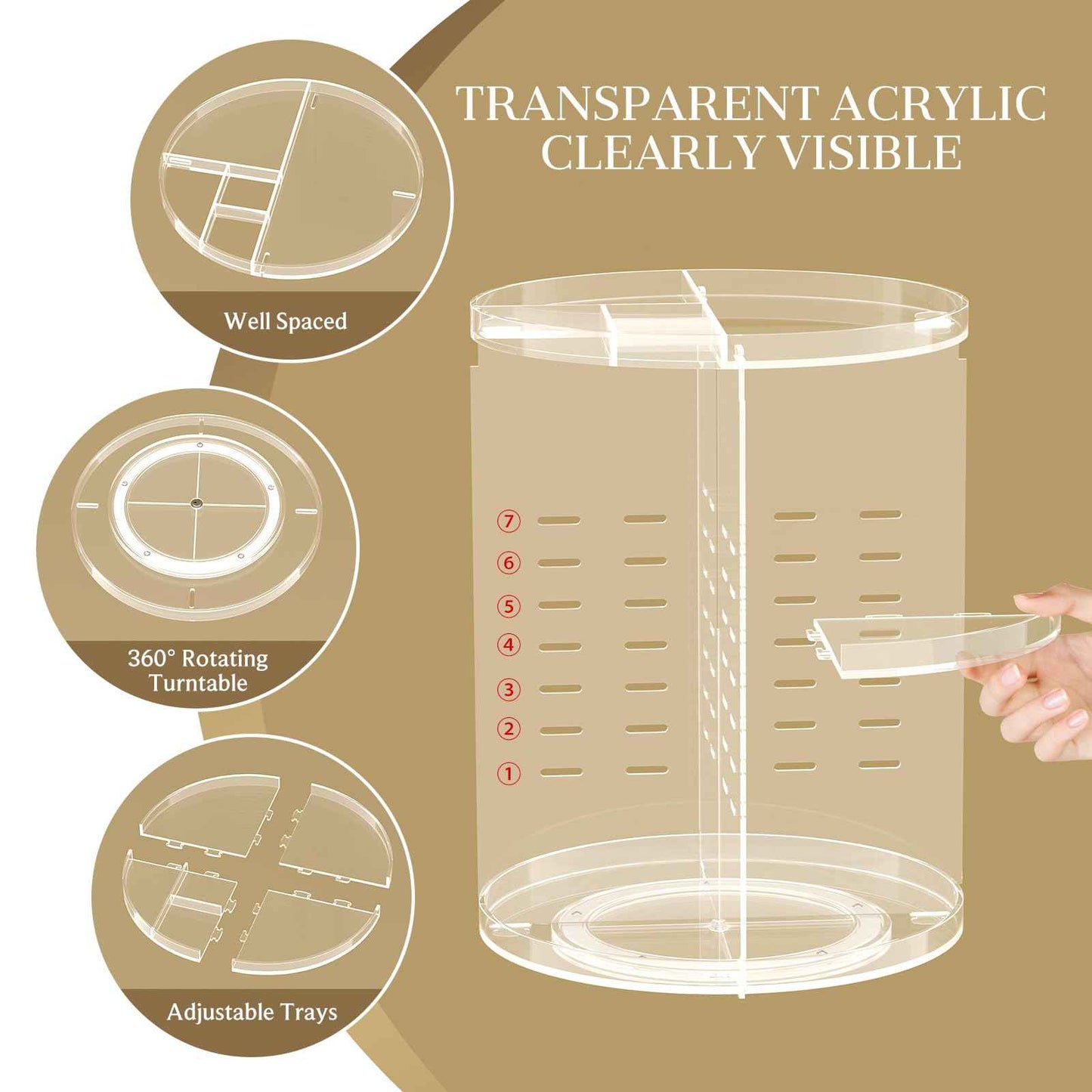 HEMTROY Makeup Organizer 360 rotating, Adjustable Skincare Organizer with Brush Holder, Cosmetics Display Cases for Vanity Bathroom Countertop Large Capacity Carousel Make up Caddy Shelf (Transparent)