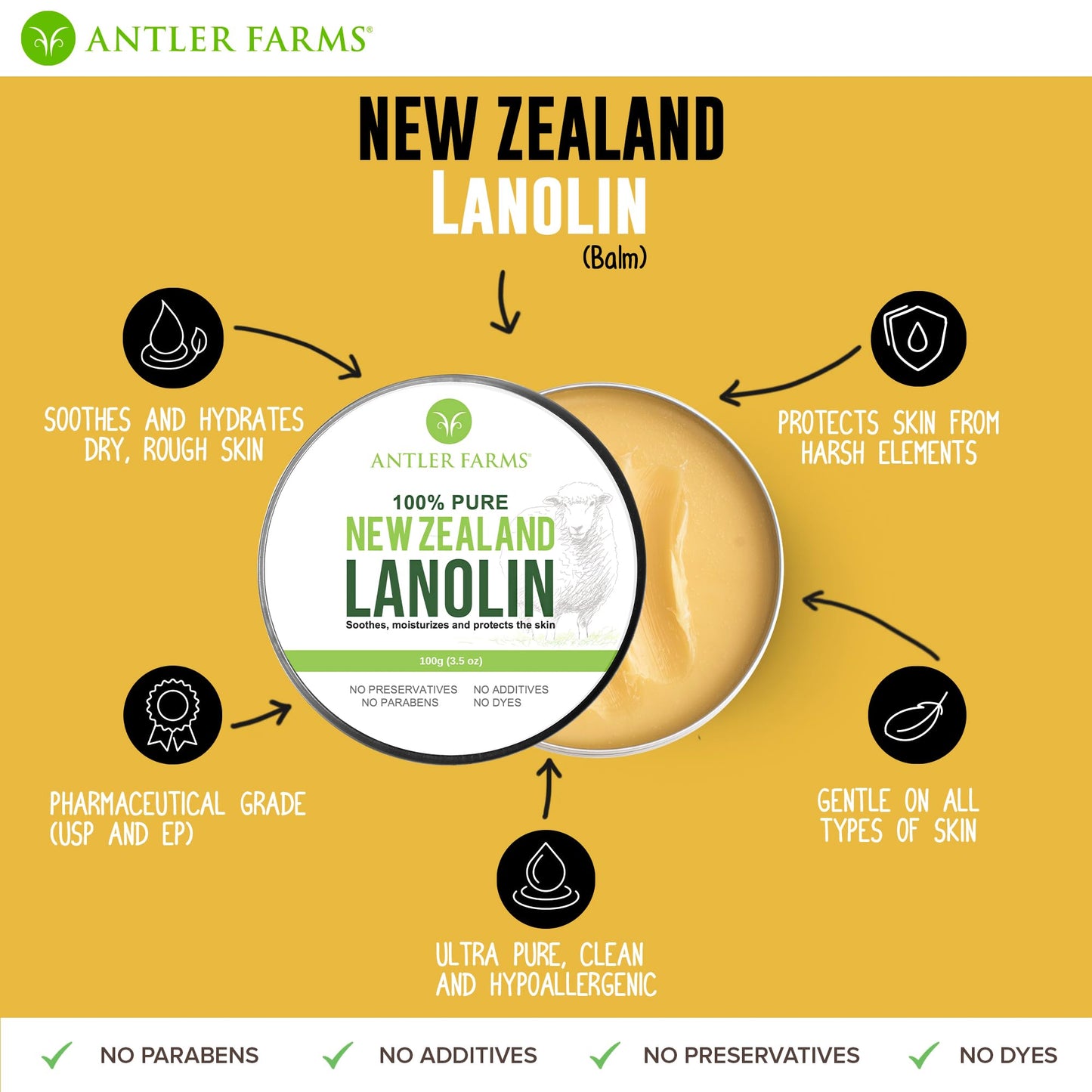 Antler Farms - 100% Pure New Zealand Lanolin, 100g, Skin Moisturizer and Protectant, Refined USP Grade Balm