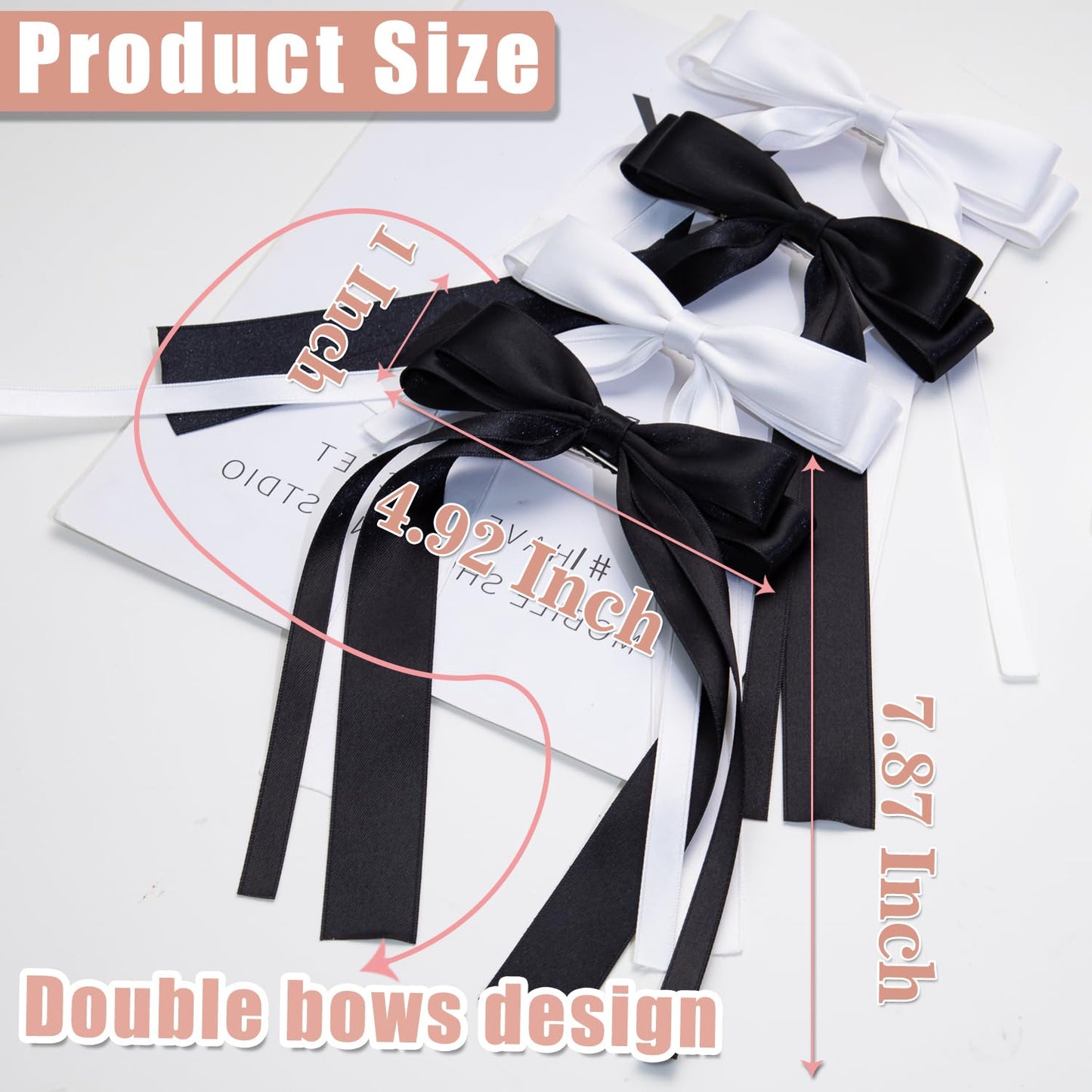 Hair Bows 8 PCS Ribbon Bow for Women,Hair Bows for Women,Hair Ribbons,Oversized Long-tail Cute Aesthetic Hair Accessories,Large Hair Barrettes for Women,Big Bows for Girls,Big Hair Bow（Black White）