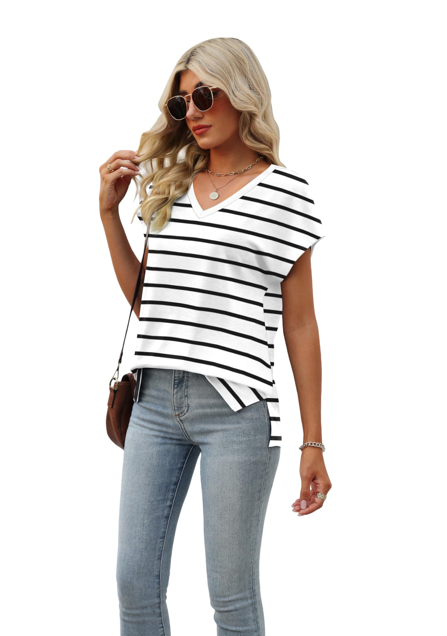 Black and White Striped Shirt Women Short Sleeve 2024 Summer Tops Trendy V Neck Loose Fit Shirts S