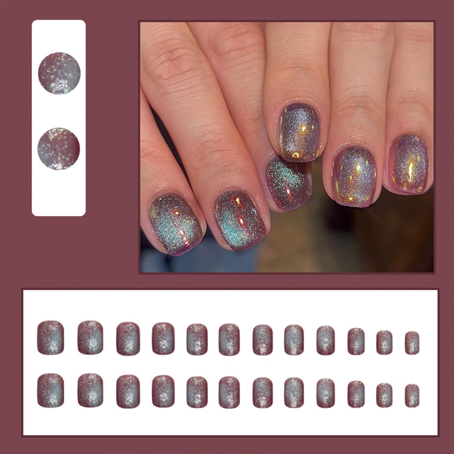 SINHOT Short Square Press on Nails Fake Nails Glossy Glue on Nails Blue Ombre Acrylic Nails Purple Chrome Squoval Artificial Nails Blue Glitter Stick on False Nails with Design 24 pcs