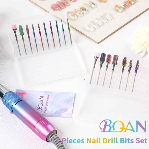 BQAN Nail Drill Bits, 17Pcs Tungsten Carbide Drill Bit Set, Professional 3/32'' Nail Bits For Nail Drill Efile, Acrylic Nails, Manicure Pedicure, Home Salon Nail Art Supplies