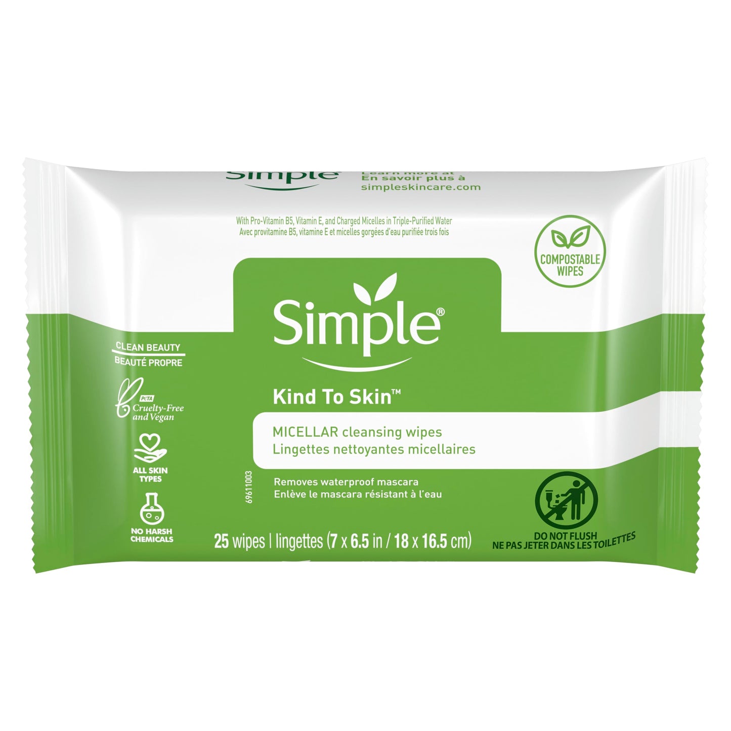 Simple Kind to Skin Cleansing Wipes Gentle and Effective Makeup Remover Micellar Free from color and dye, artificial perfume and harsh chemicals 25 Wipes