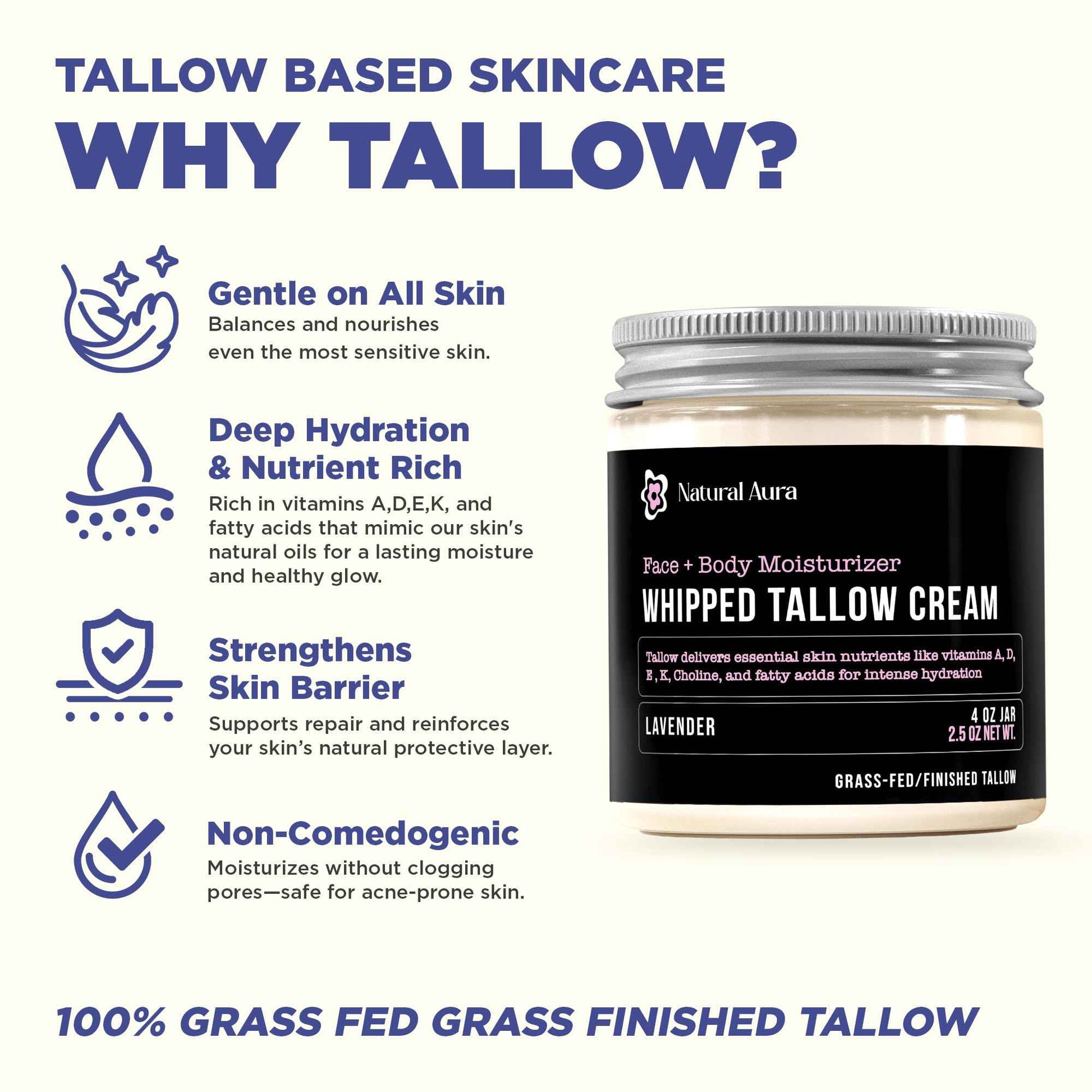 Whipped Beef Tallow for Skin - Face + Body Moisturizer, 100% Grass Fed Grass Finished Tallow and Honey Balm for Dry Skin - Natural Lotion - Free of Harsh Chemicals - 4oz, (Lavender)