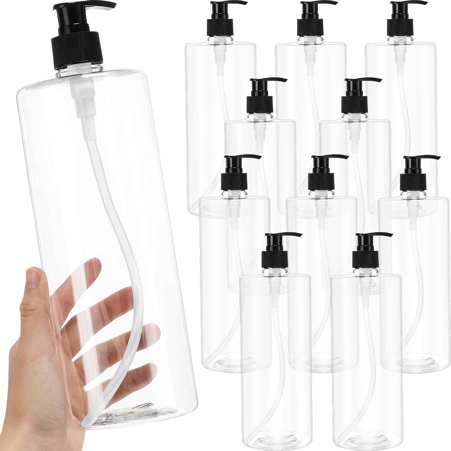 meekoo 10 Pcs 32 oz Refillable Pump Clear Plastic Empty Bottles Bulk with Black Caps Dispenser Shampoo and Conditioner Bottles Leakproof for Lotion Massage Oil Body Wash