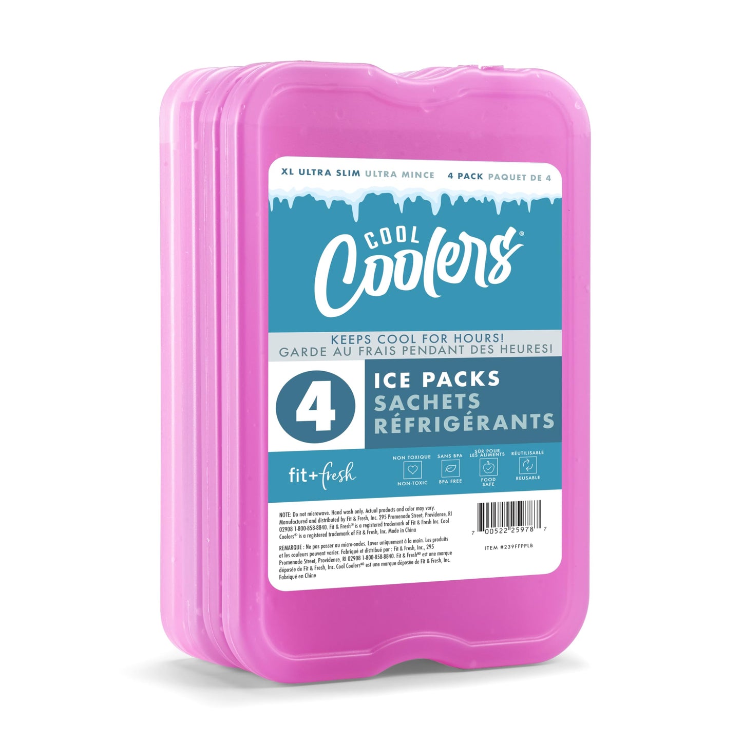 Cool Coolers by Fit & Fresh 4 Pack XL Slim Ice Packs, Quick Freeze Space Saving Reusable Ice Packs for Lunch Boxes or Coolers, Purple