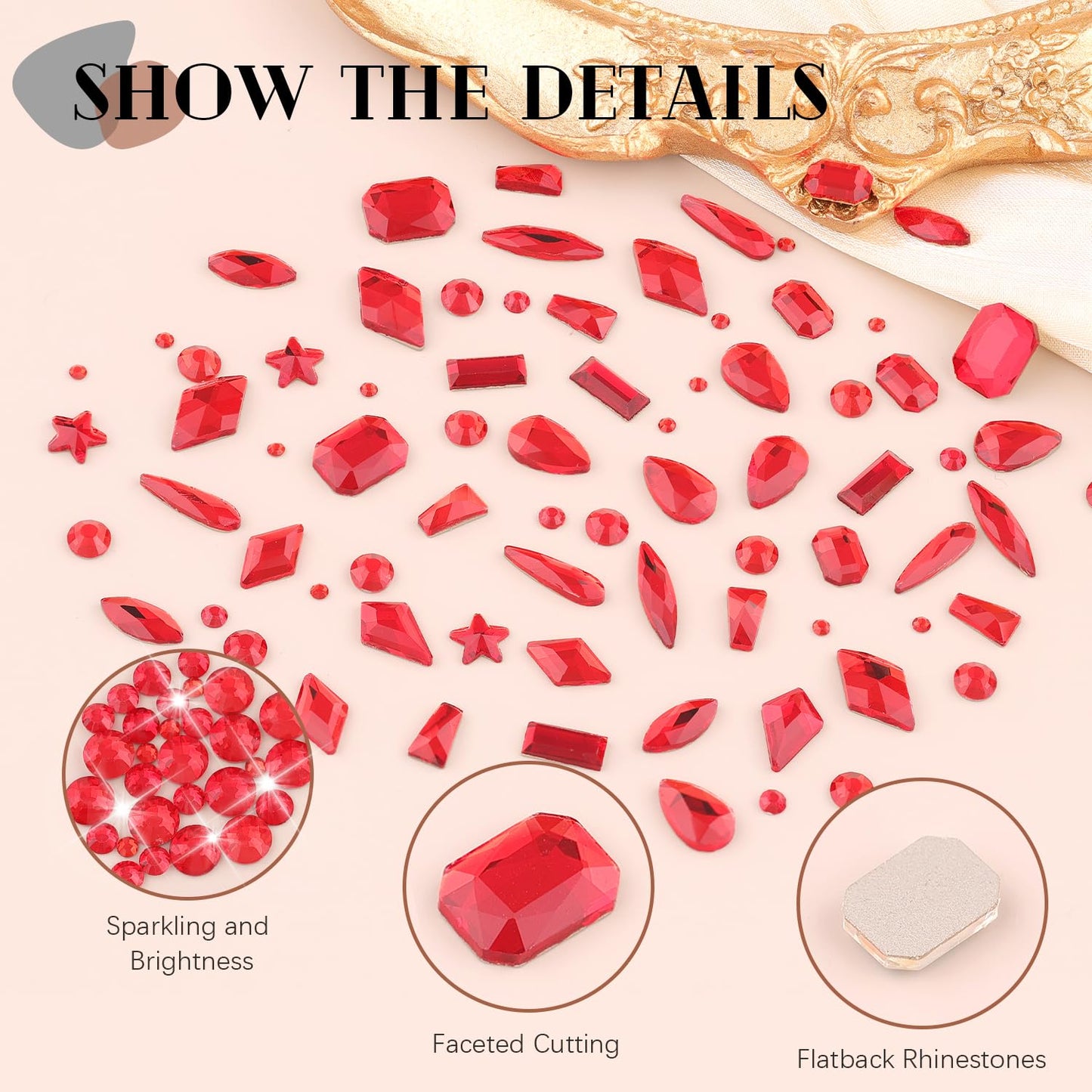 3220Pcs Red Glass Nail Rhinestones 120Pcs Multi Shapes Flatback Gems Crystal + 3100Pcs 1.5-4mm Round Beads with Rhinestones Glue Gel, Manicure Diomand Jewelry Gemstones for Nail Design Makeup