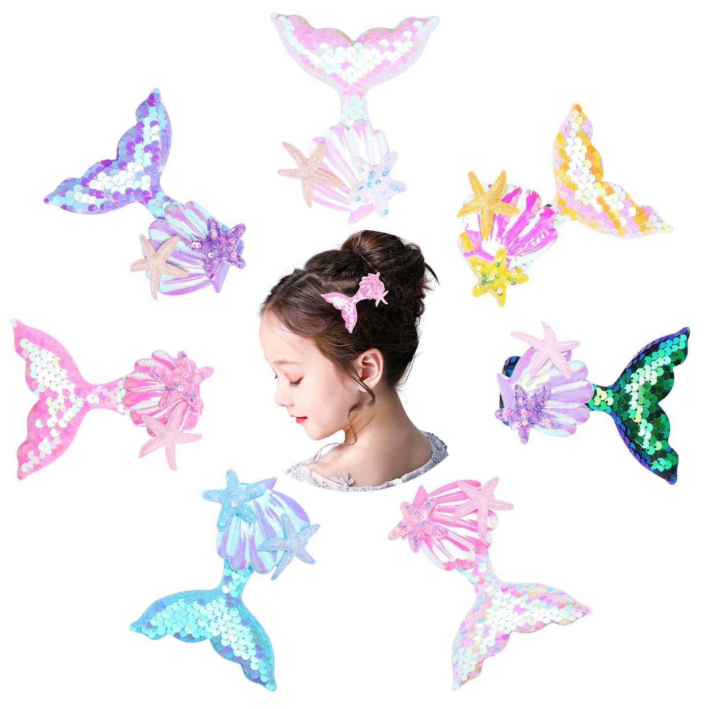 Yexnum 7 Pcs Mermaid Medium Hair Clips Starfish Hair Clip Shell Hair Pins Multicolor Sparkling Hair Clips Accessories for Women and Girls