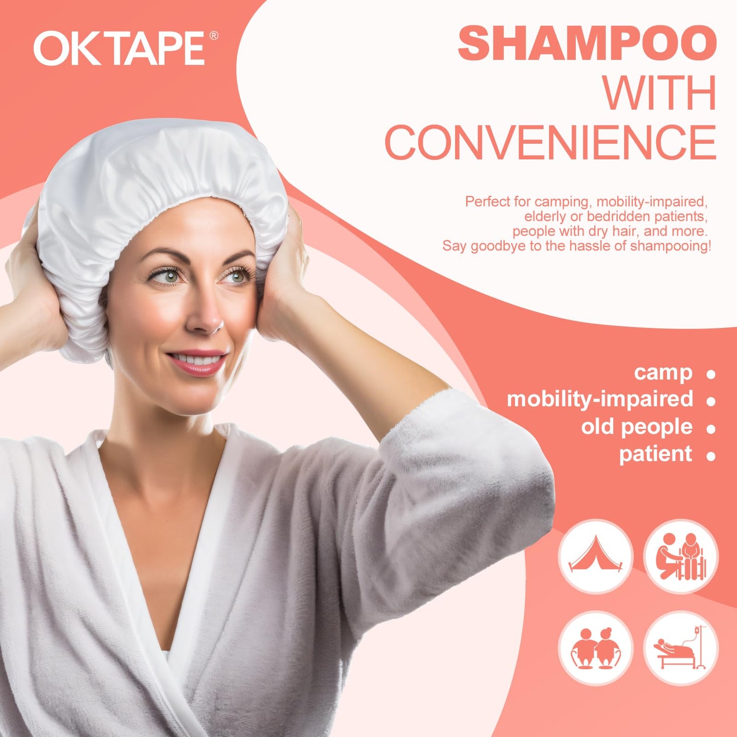 OK TAPE No Water Rinse Free Shampoo Cap (6 Packs), Microwaveable Shampoo Caps for Bedridden Patients or Elderly, Waterless Shampoo and Condition Hair, Cucumber, Lavender, Verbenae 3 Fragrances