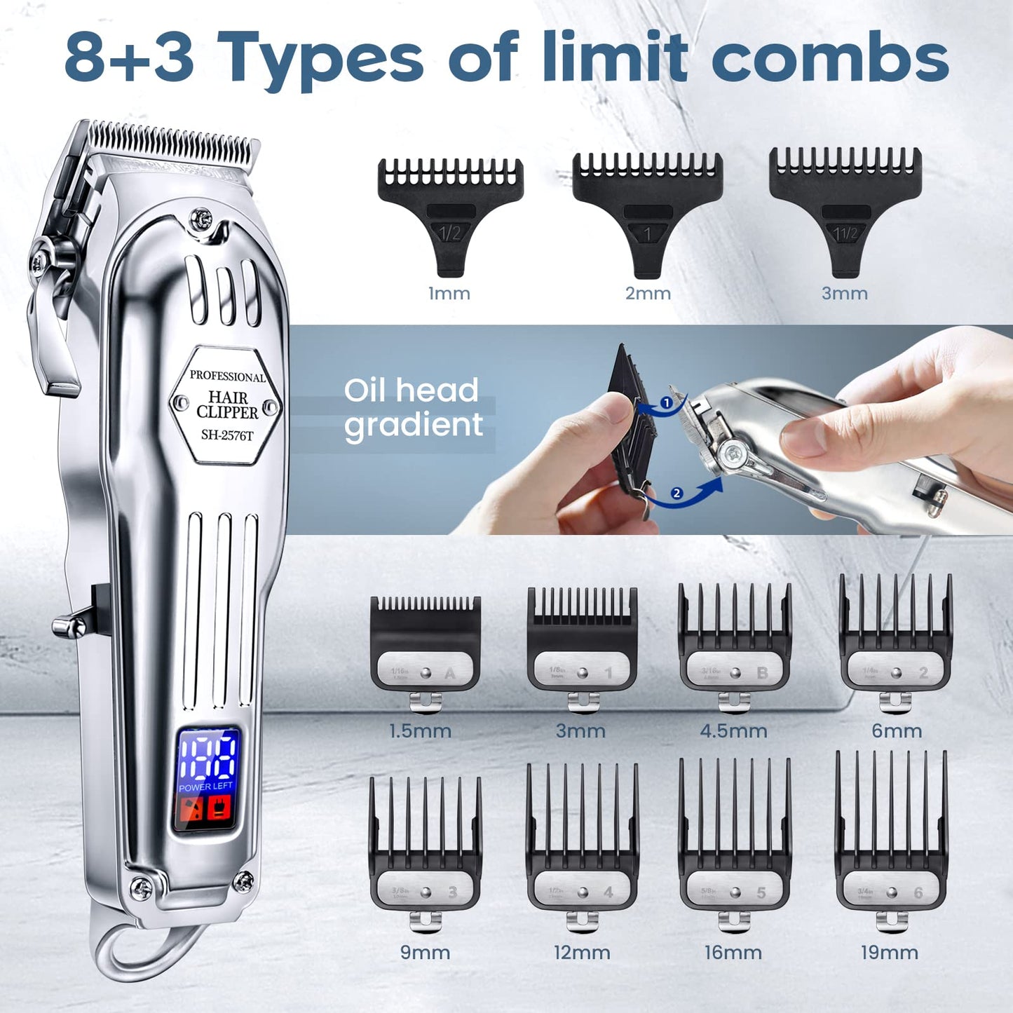 KIKIDO Hair Clippers Professional Cordless for Men, Barber Clippers for Hair Cutting Kit, Wireless LCD Display Hair Trimmers Set, Rechargeable Haircut Machine for Family (Sliver)