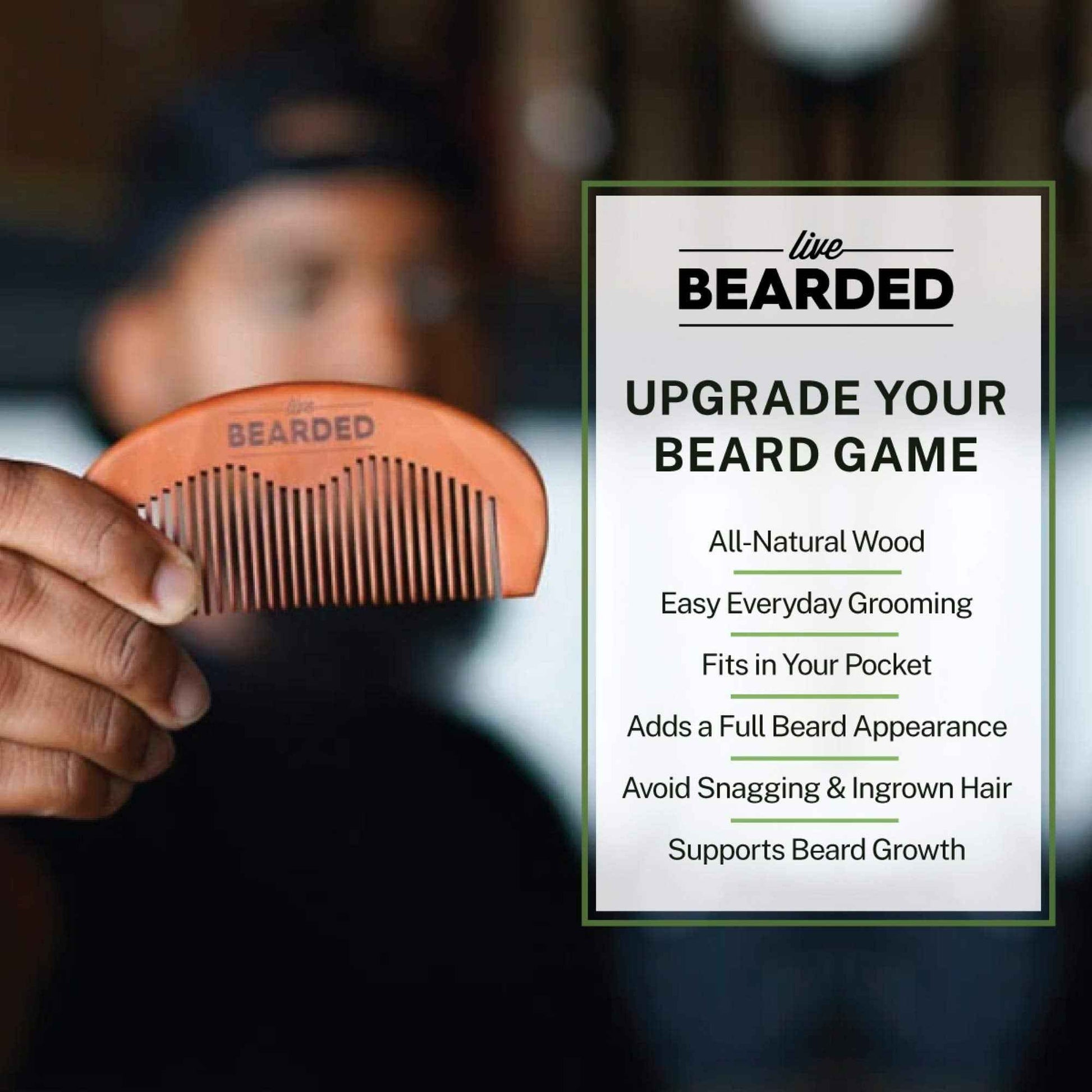 Live Bearded Premium All-Natural Wooden Beard Comb - Anti-Static - Reduce Snagging, Damage and Ingrown Hairs - Keep Mustache Off Your Lip - Fits in Pocket - Easy Daily Grooming