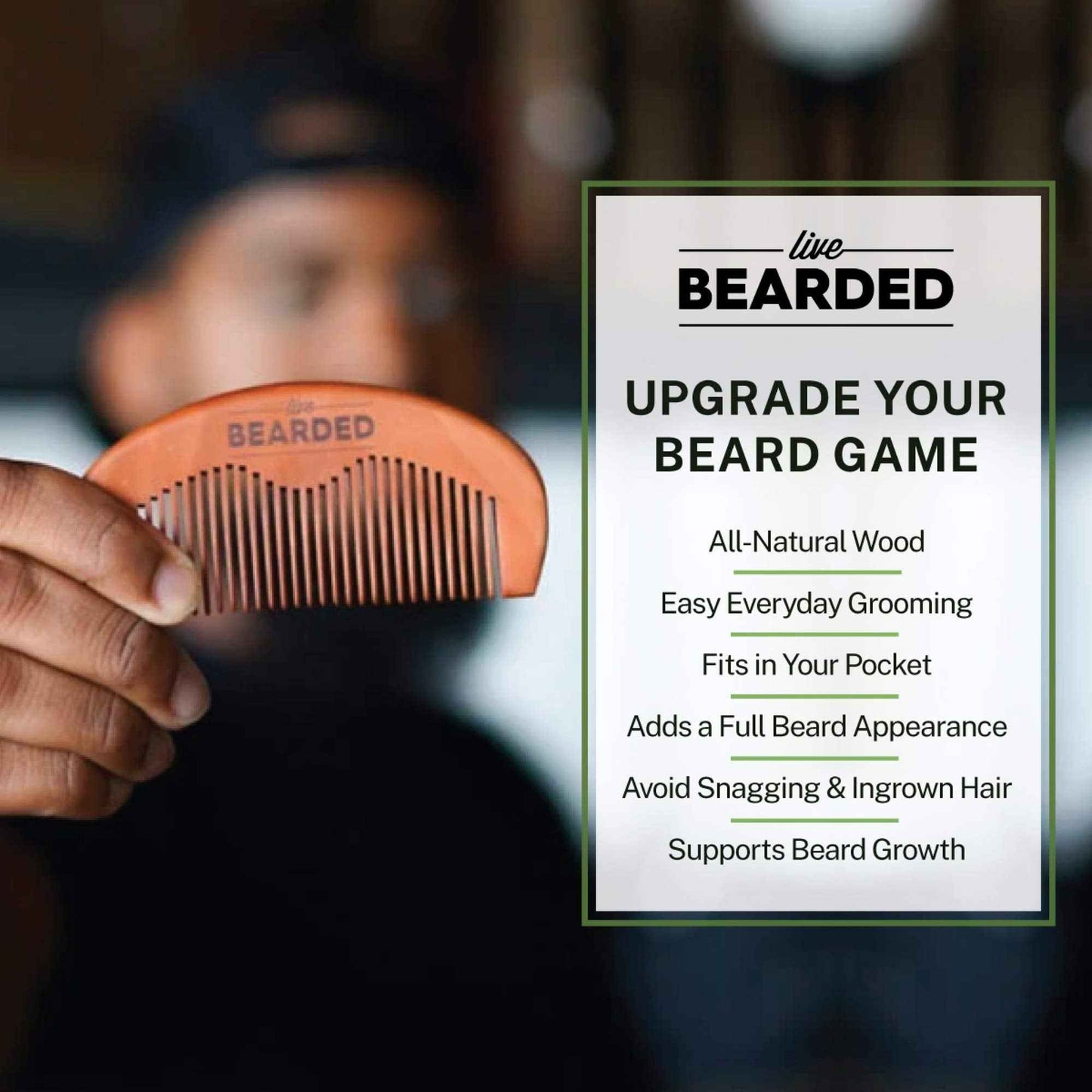 Live Bearded Premium All-Natural Wooden Beard Comb - Anti-Static - Reduce Snagging, Damage and Ingrown Hairs - Keep Mustache Off Your Lip - Fits in Pocket - Easy Daily Grooming