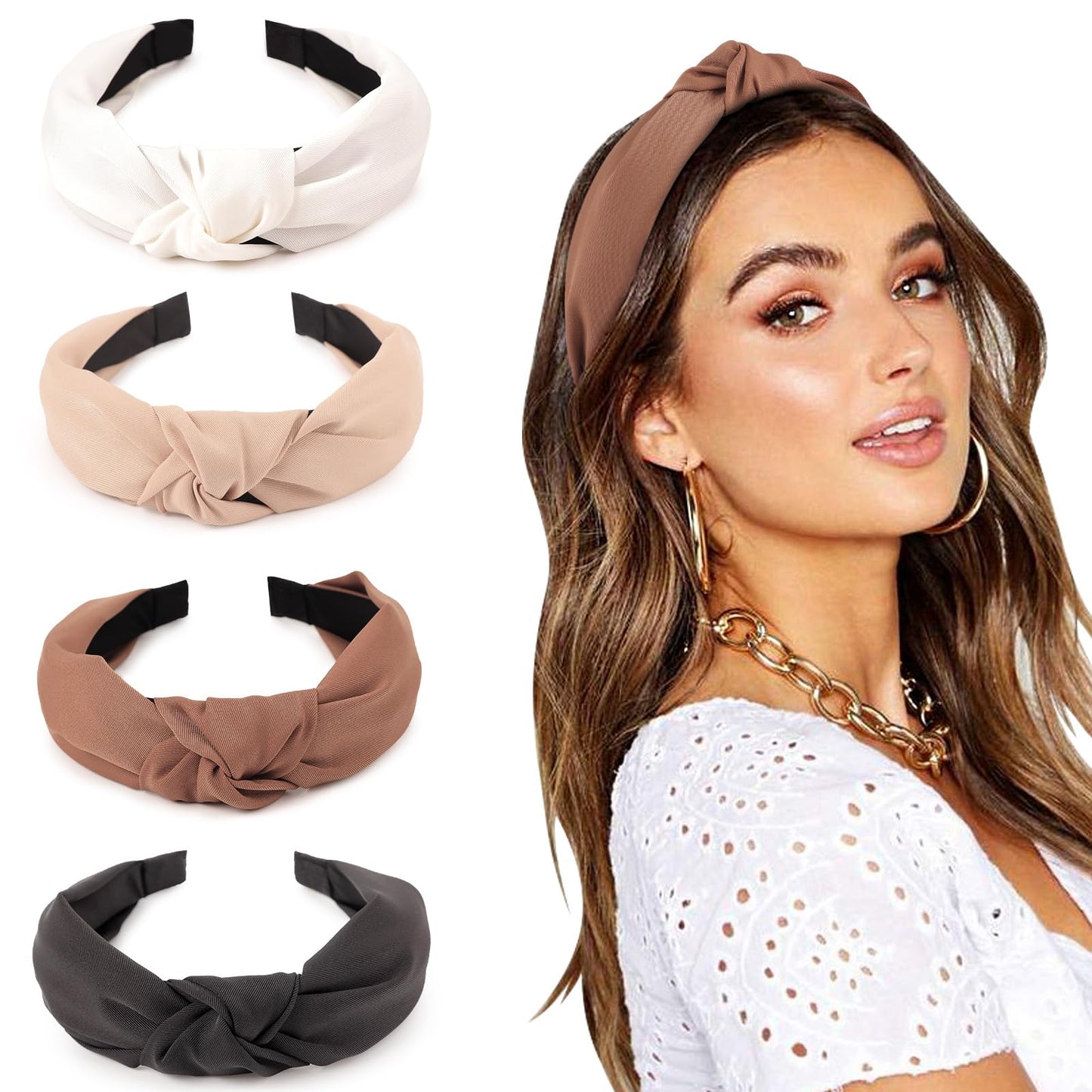 DRESHOW Knotted Headbands, Women Non Slip Fashion Headbands, Solid Boho Wide Top Knot Hair Hoops, 4 Pcs Set, for Women Girls Hairbands Hair Accessories