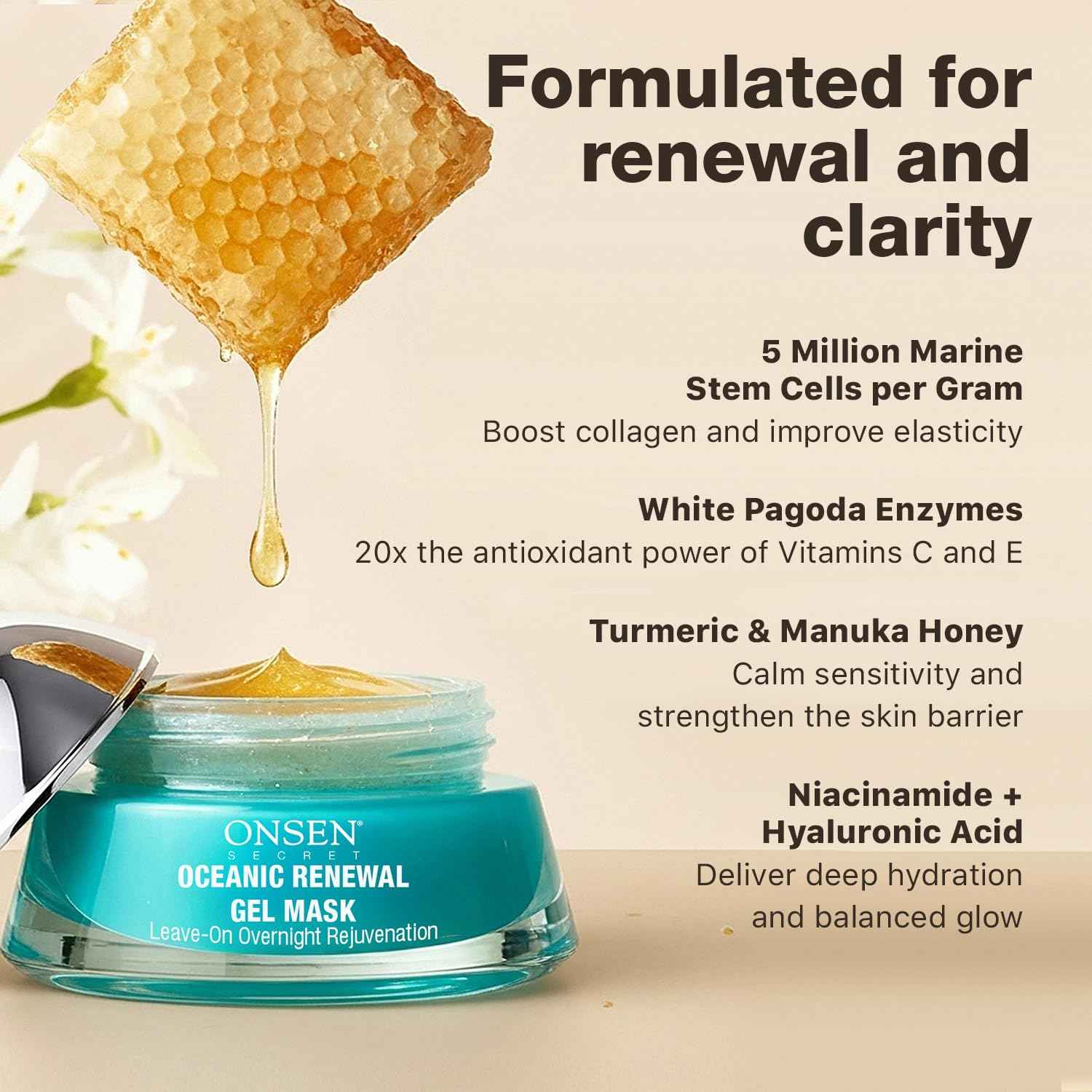 Oceanic Renewal Overnight Gel Sleep Mask for Radiant Skin - Hydrating, Brightening & Firming Beauty Treatment with Vitamin C, Collagen, Niacinamide, Hyaluronic Acid, Manuka Honey & Turmeric