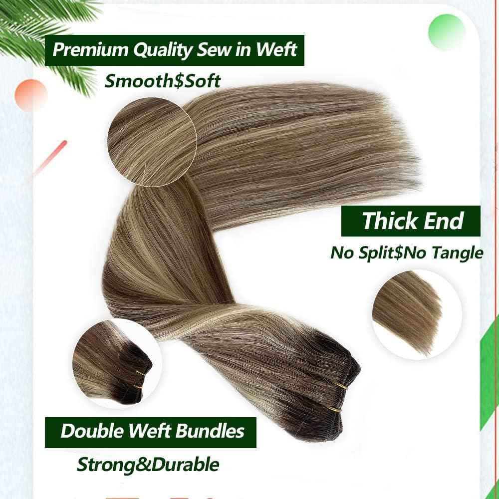14 Inch Human Hair Extensions Sew in Hair Extensions Real Human Hair Balayage Colored Brown Roots to Ash Brown with Bleach Blonde Highlights 80g