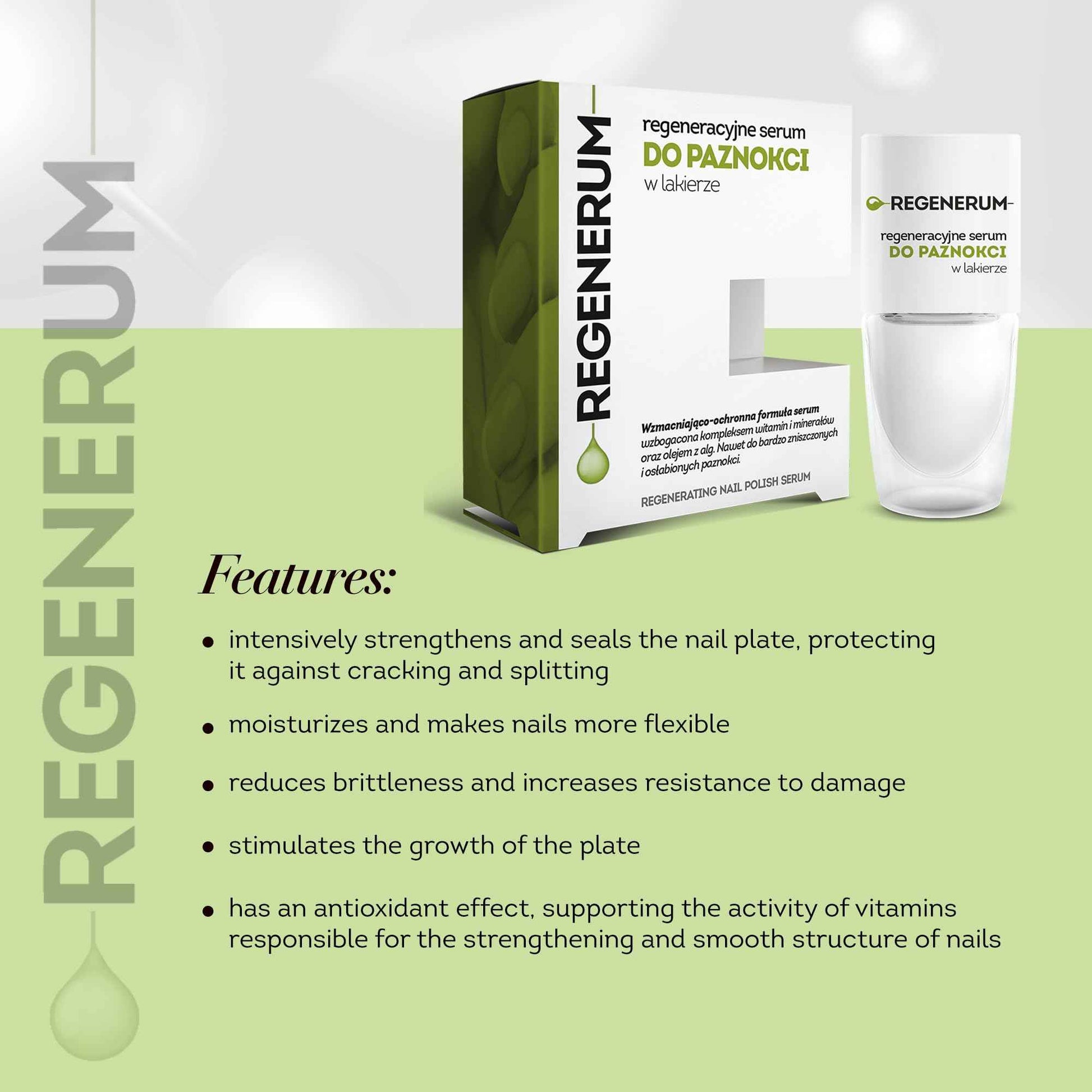 Regenerum - Regenerative Nail Polish Serum - Strengthens and Protects Nail Plate, Vitamin Complex, Minerals, Algae Oil, Stimulates Growth - 8ml