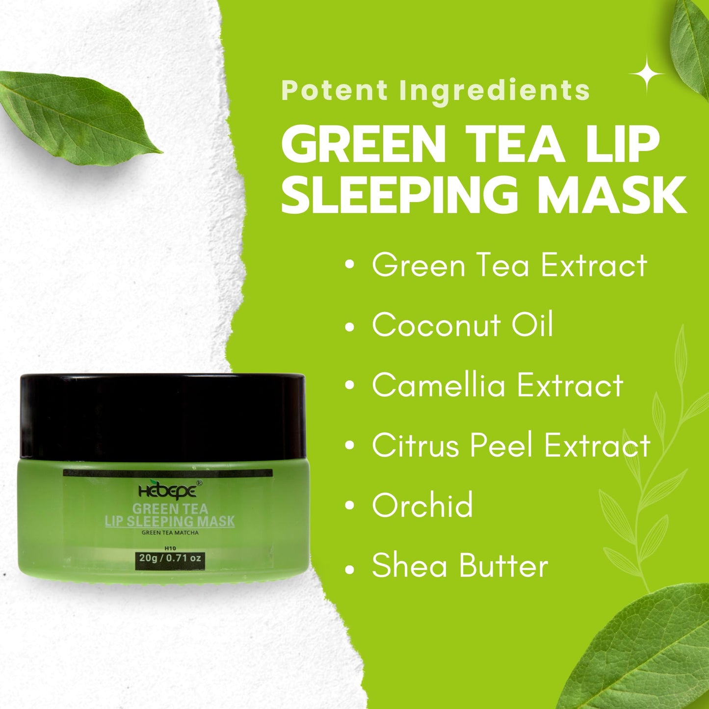 Hebepe Green Tea Matcha Lip Sleeping Mask Overnight with Applicator, For Dry Lips, Coconut Oil, Vitamin E, Fig Extract, Orchid, and Shea Butter, Moisturizer for Dry, Chapped, Cracked Lips