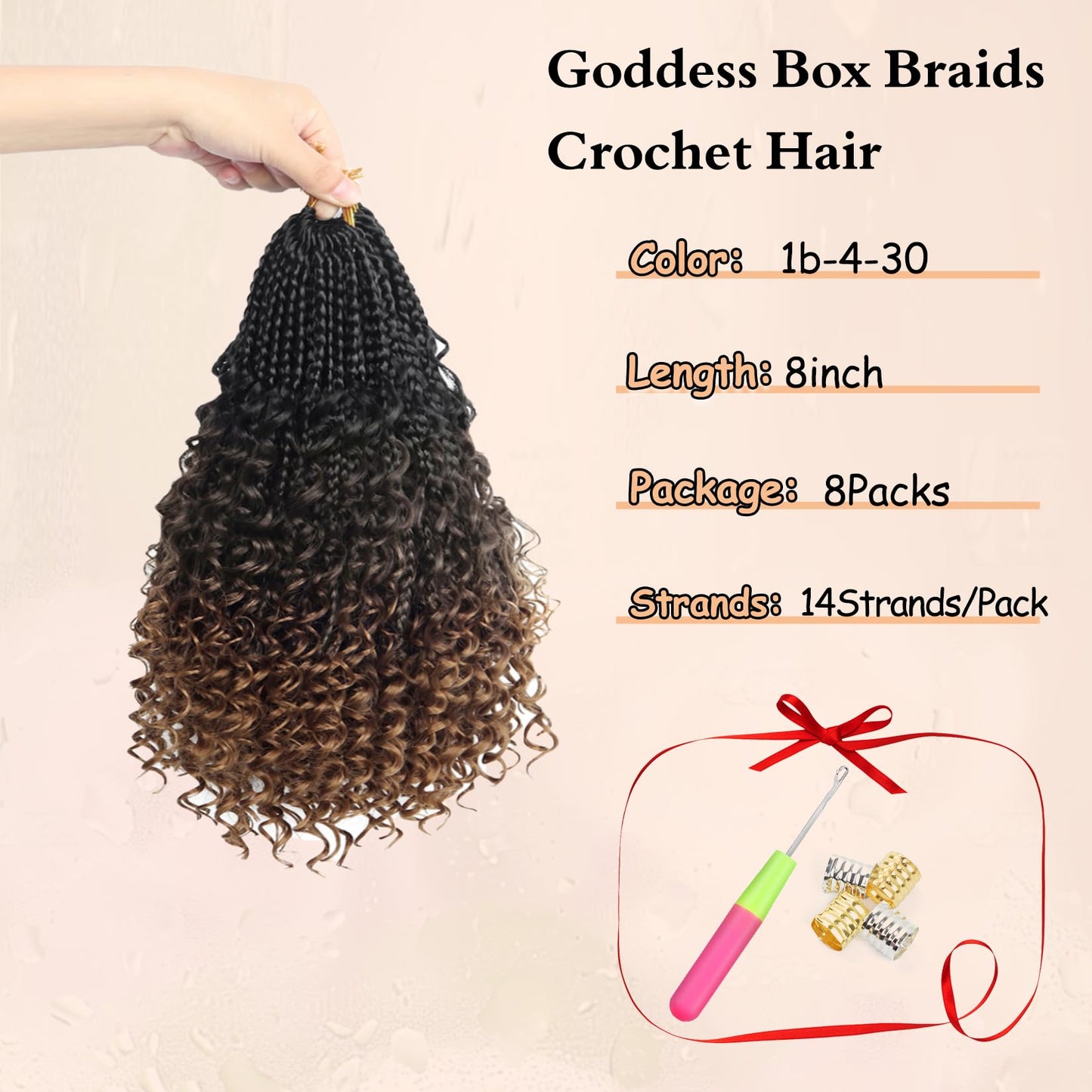 8 Packs Boho Box Crochet Braids Pre Looped with Curly Ends - 8 Inch Goddess Bohemian Box Braids Crochet Hair for Black Women Synthetic 3X Boho Braids Crochet Hair Extensions Pre Looped 1B-4-30