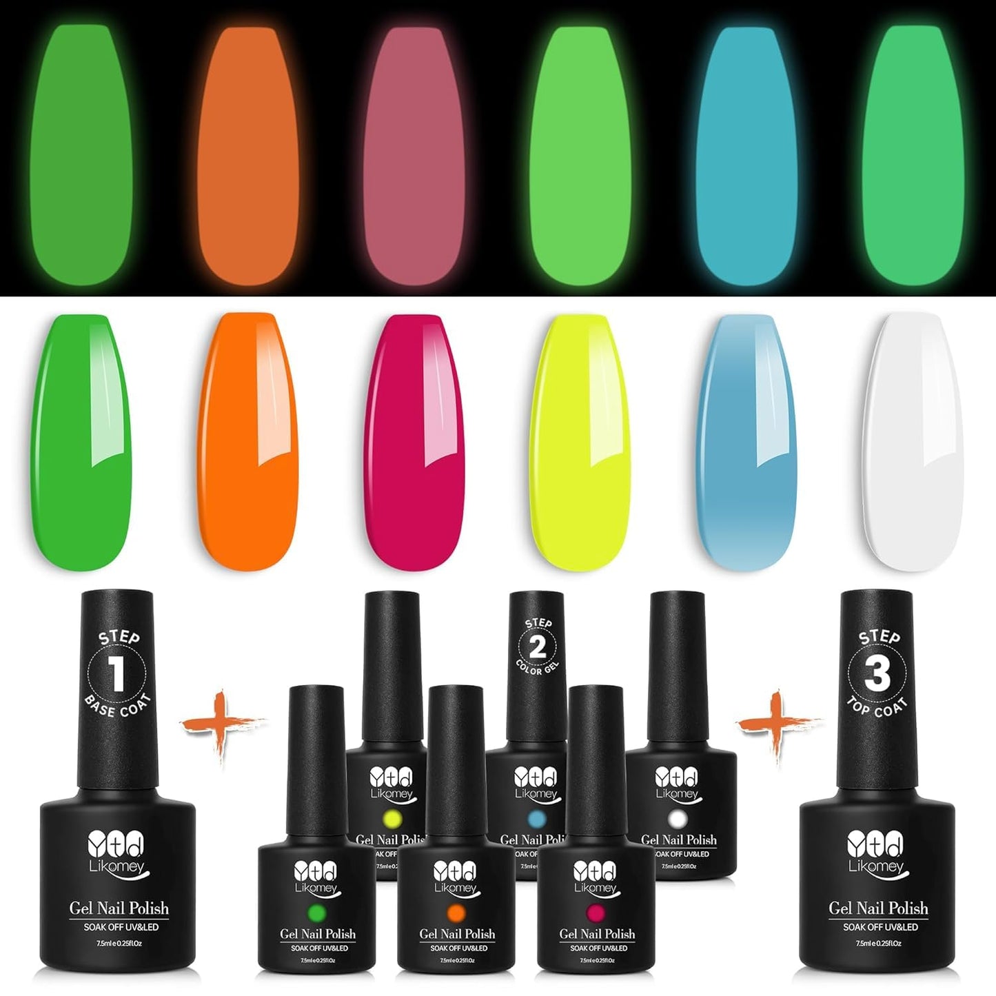 YTD Likomey Glow in the Dark Gel Nail Polish Set,6 Colors with Base and Top Coat Set,Fluorescent Neon White Green Orange Pink Yellow Blue Luminous Salon Home DIY Manicure UV Nail Gel,8 Pcs 7.5 ml