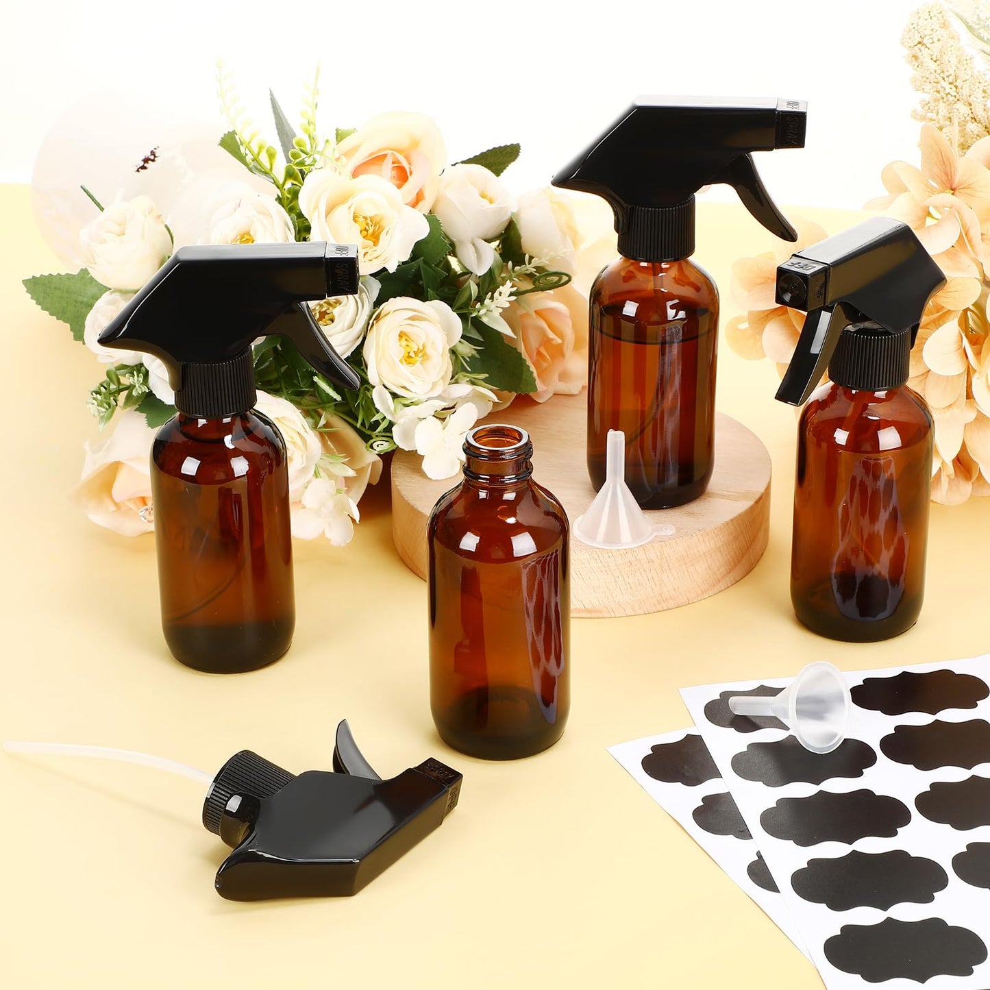 Fumete 20 Pcs 4 oz Glass Spray Bottles Empty Refillable Sprayer Containers with Funnels Labels Black Trigger Sprayers Spray Bottles for Essential Oil DIY Kitchen Hair Plants(Amber)