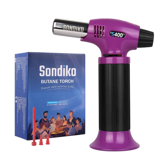 Sondiko S400 Butane Torch, Refillable Kitchen Lighter, Purple & Black, Fits All Butane Tanks, Adjustable Flame for Creme Brulee & Baking—Butane Gas Is Not Included