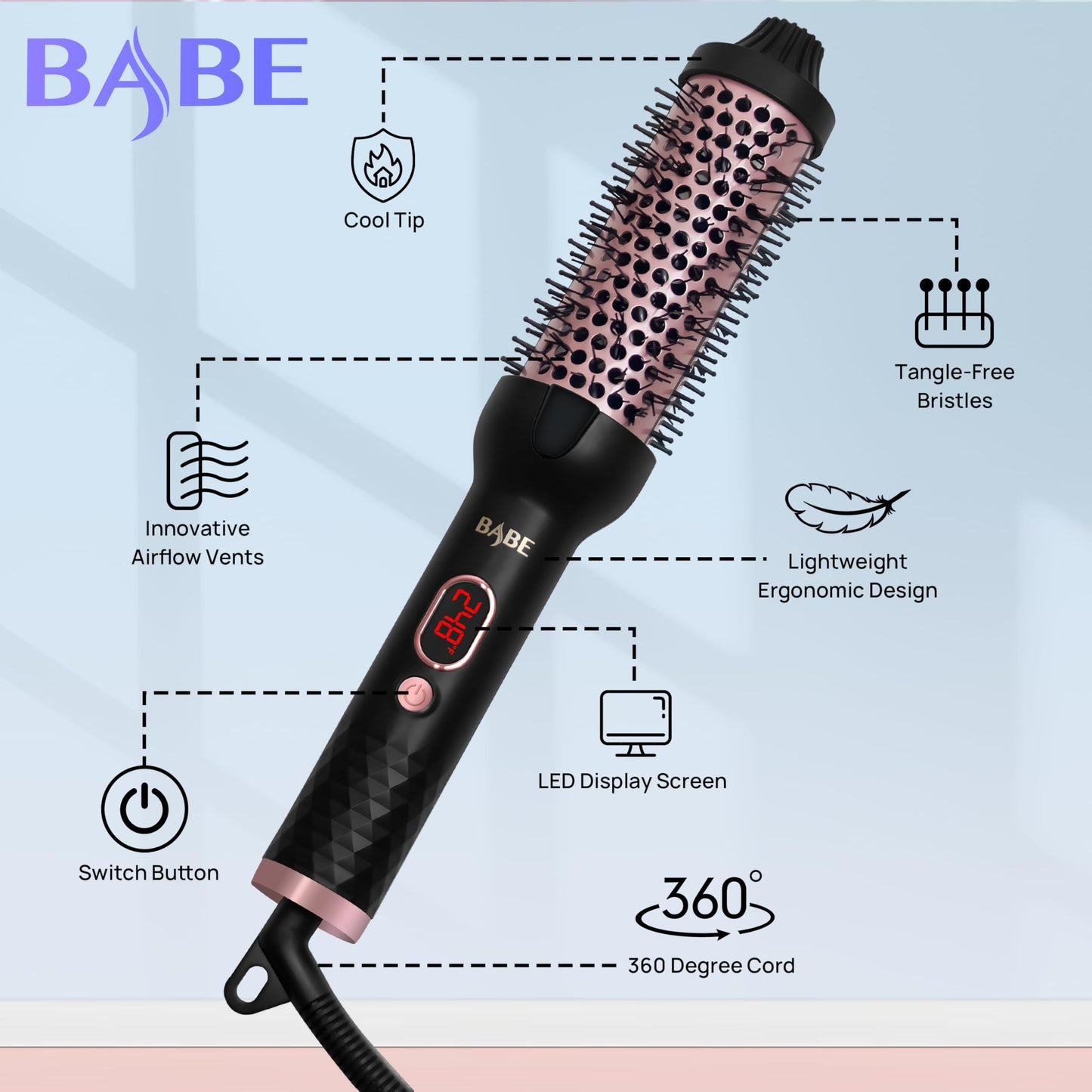 Babe Ceramic Thermal Brush with 10 Temperature Settings, 30s Fast Heated Round Brush for Blow Out Look Quick & Easy to Use with Dual Voltage