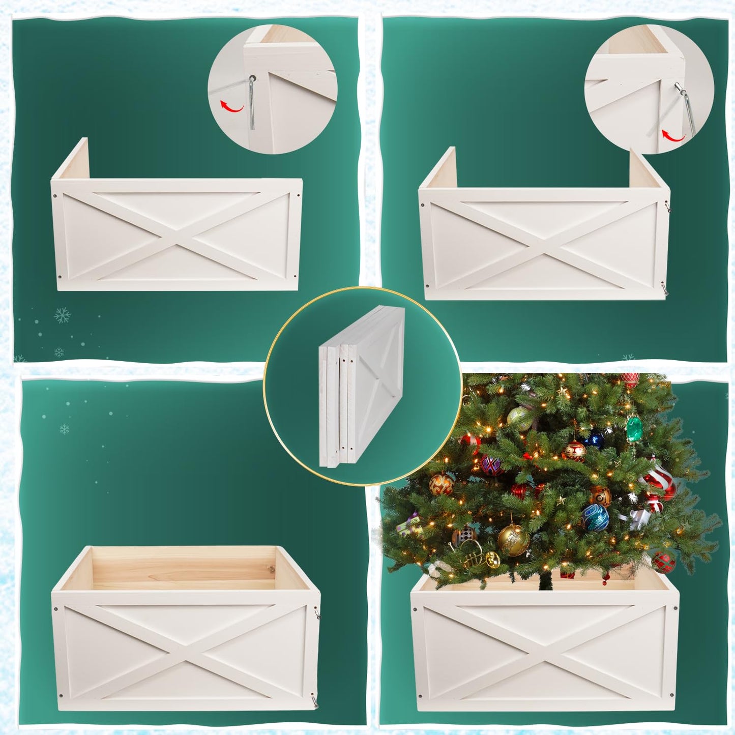 Christmas Tree Collar Box, 26" L White Wooden Tree Collar, Christmas Tree Stand Cover, Tree Skirt Box for Below 9ft Christmas Tree Decoration