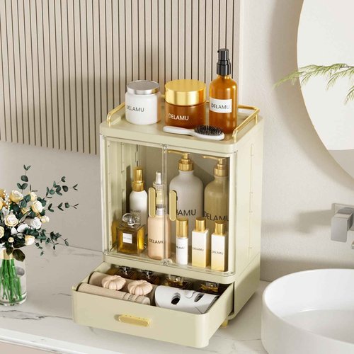 Delamu Bathroom Makeup Organizer Countertop with Drawer, 3-Tier Large Capacity Bathroom Counter Countertop, 15.2' Tall Storage for Perfume, Cosmetic, Skincare and More, Ideal Present for Her, Beige