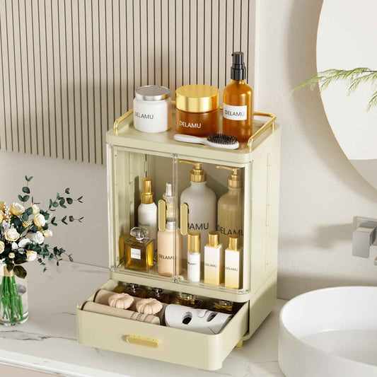 Delamu Bathroom Makeup Organizer Countertop with Drawer, 3-Tier Large Capacity Bathroom Counter Countertop, 15.2' Tall Storage for Perfume, Cosmetic, Skincare and More, Ideal Present for Her, Beige
