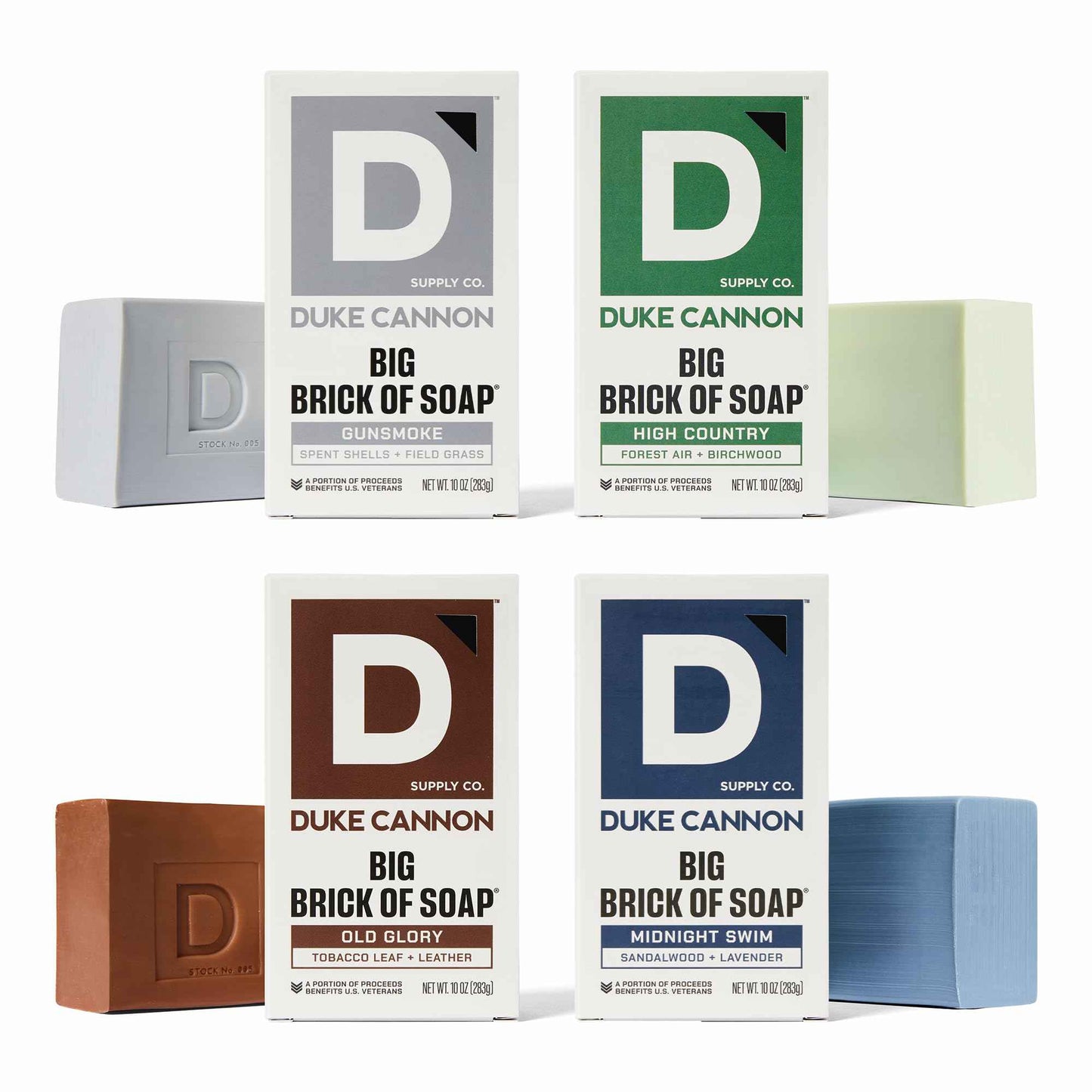 Duke Cannon Supply Co. Big Brick of Soap Bar, Frontier 40 - Fresh Cut Pine, Leaf & Leather, Campfire & Midnight Swim, Extra Large, Masculine Scents, 10 oz. (Variety, 4 Pack)