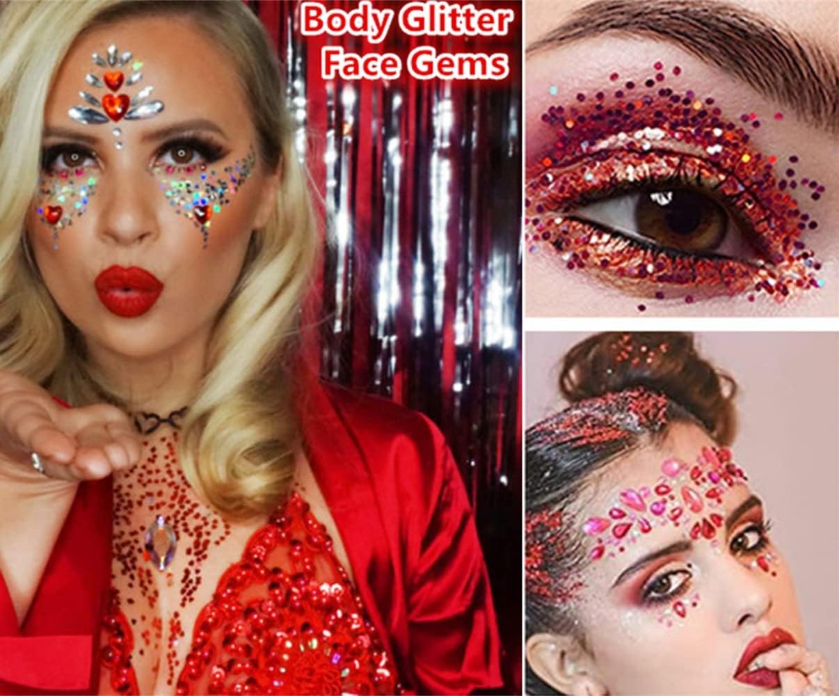 Go Ho Red White and Blue Body Glitter Set,4th of July Outfits for Women Reflective Glitter Makeup,Face Glitter Gel,Holographic Long Lasting Chunky Sequins Glitters,4th of July Accessories