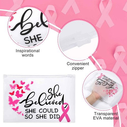 100 Pieces Breast Cancer Awareness Items Makeup Bags Bulk Pink Ribbon Zippered Cosmetic Pouch Breast Cancer Survivor Gifts for Women EVA Waterproof Toiletry Bag for Charity Recognition Public Event