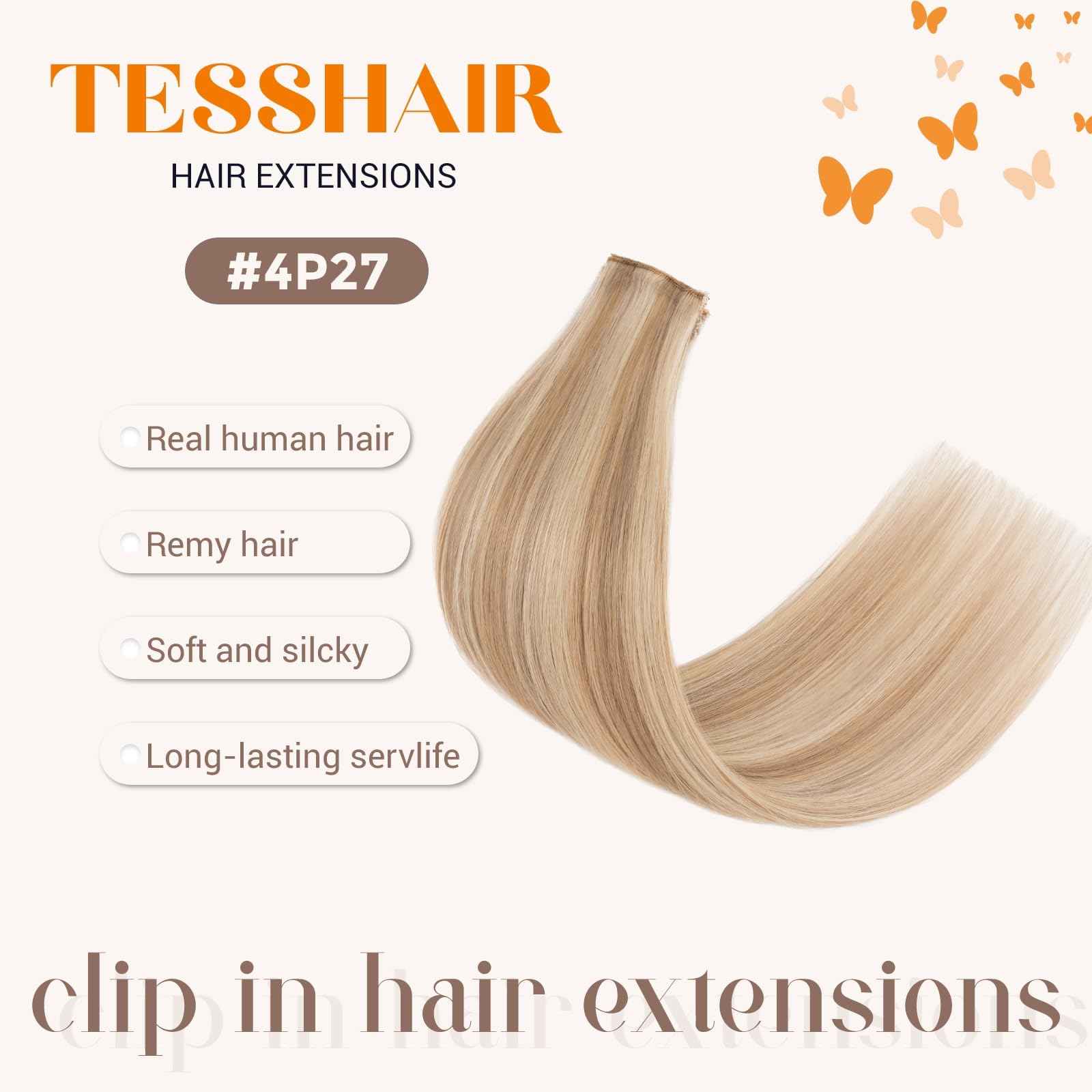 TESSHAIR 6PCS Clip in Hair Extensions Real Human Hair, Short Hairpieces for Women Single Clip Ins to add Highlights & Volume, No Tangle & Smooth,14 Inch 36g #12P613 Golden Brown&Bleach Blonde