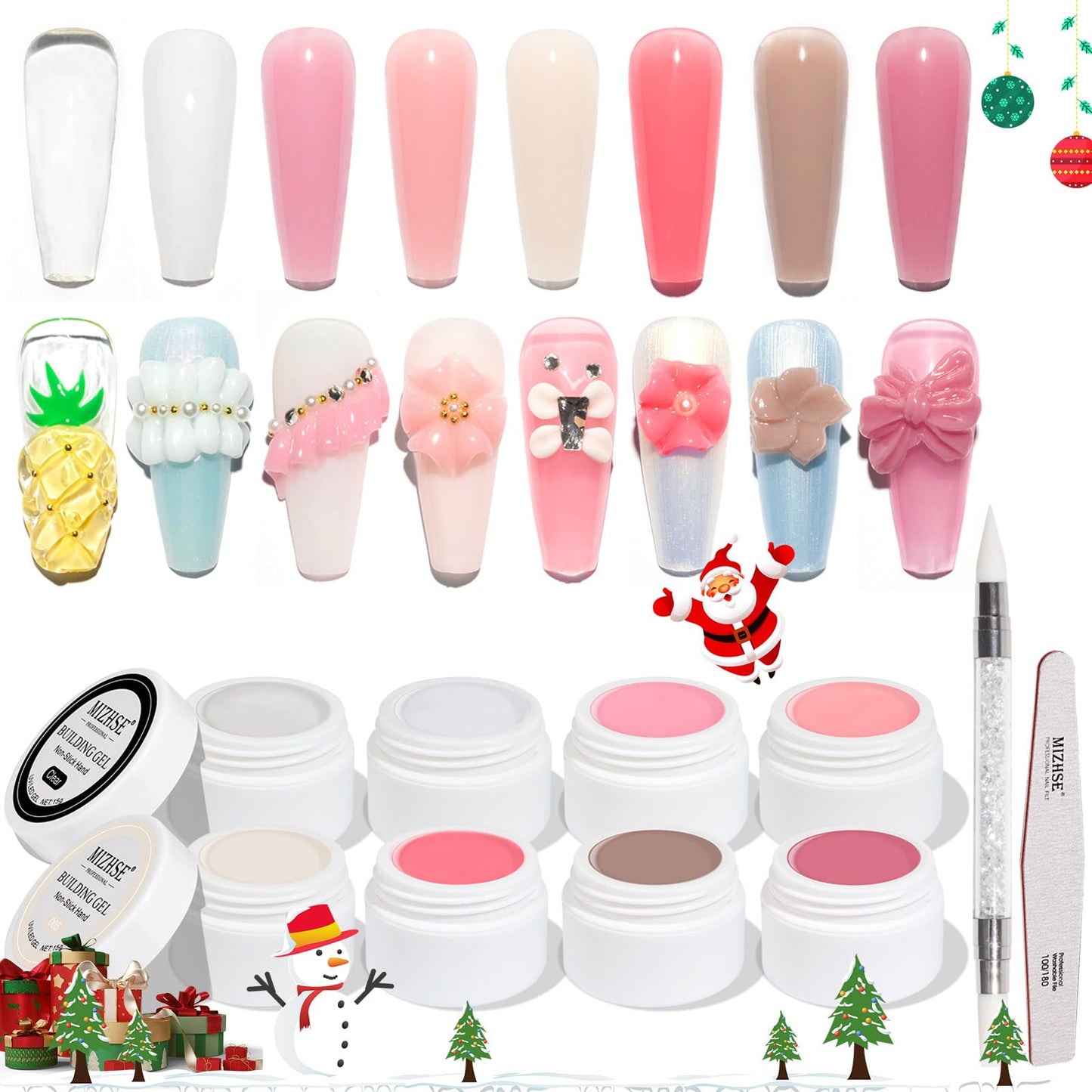 MIZHSE Solid Builder Gel Kit 8 Colors, Hard Gel for Nails Non Sticky Solid Builder Gel Nail Extension Kit Sculpture Gel Clear Pink White with Silicone Pen Nail File for Carving Modeling Nail Art Gift