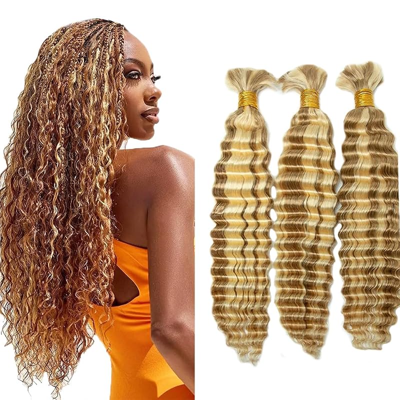 P27/613 Honey Blonde Deep Wave Human Hair Braiding Bulk 26 Inch