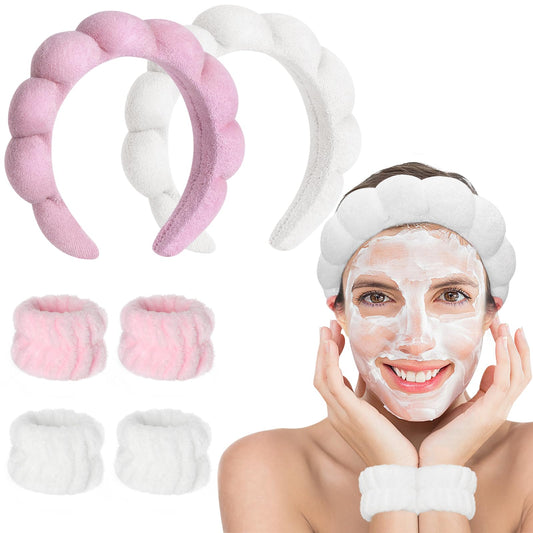 Cenbellr Spa Headband, Face Wash Headband and Wristband Set, Makeup Headbands for Women Washing Face, Terry Cloth Bubble Headband for Women Girl Mask Skincare (pink-white, 1 Count)