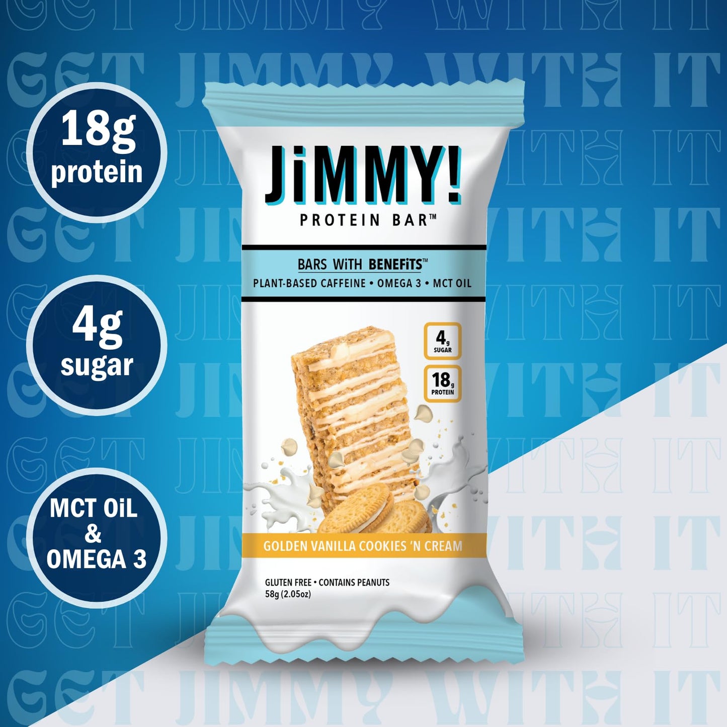 JiMMY'S! Functional Protein Bars - Golden Vanilla Cookies and Cream -12 Count | 18g High Protein, Plant-Based Caffeine & Omega 3, Low Sugar, Gluten-Free, Energy Boosting