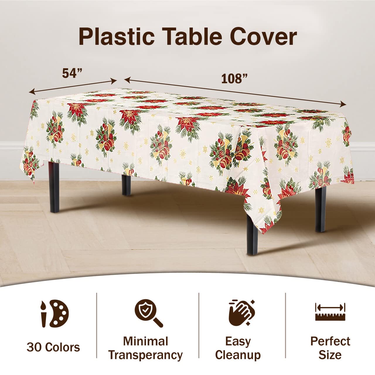 Exquisite 6 Pack Premium Rectangle Holiday Design Plastic Tablecloth - Christmas Decorations Tablecloth Disposable Plastic Table Cover for December - 54 inch. x 108 inch.