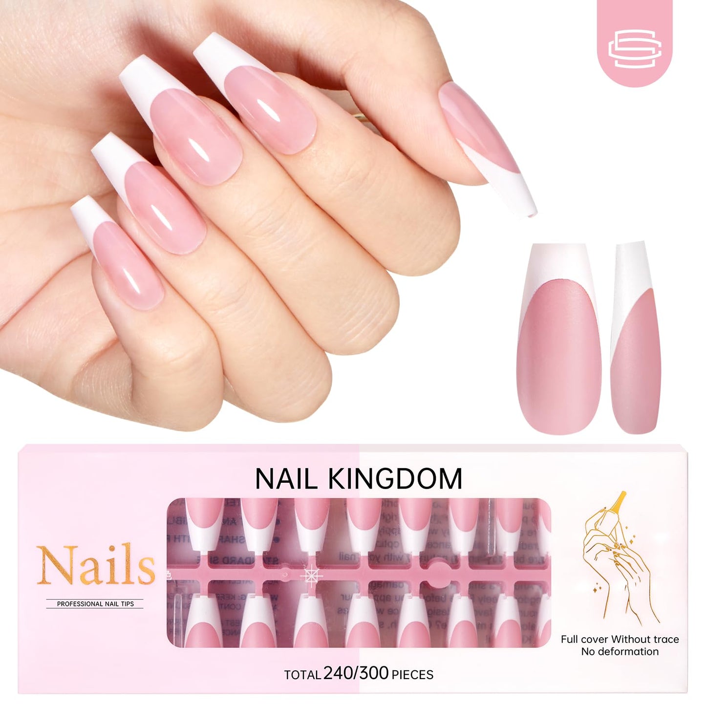 CHRISTINE SHELLY French Gel Nail Tips 240Pcs French Tip Press on Nails Pink Long Coffin 4 in 1 Pre-applied Tip Primer & Base Coat No Need to File Fake Nails for Salon & DIY 15 Sizes White