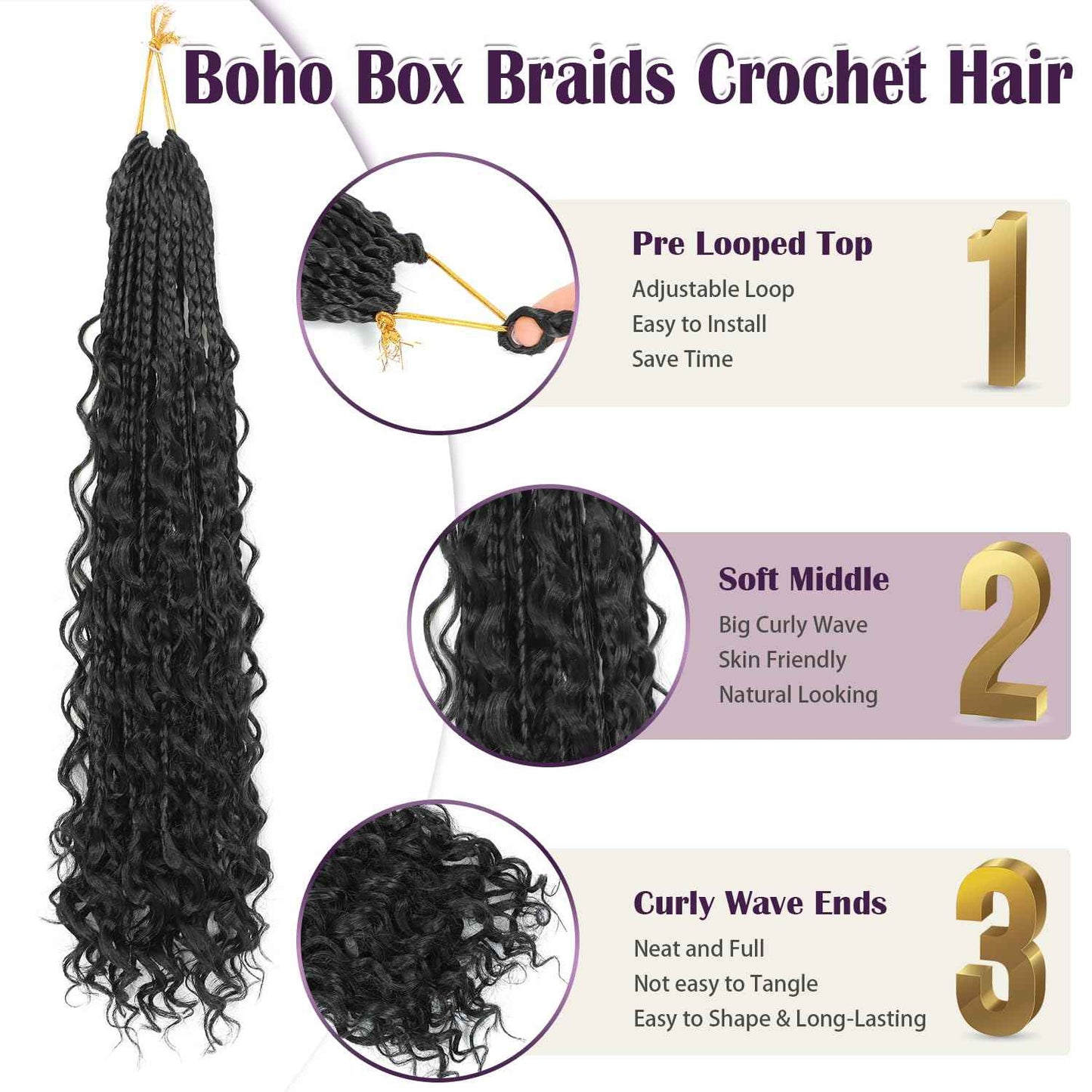 QQPIKHU 24 Inch Boho Crochet Braids Human Hair Mixed Synthetic Goddess Box Braids Crochet Hair Extensions Pre Looped Bohemian Goddess Braids Crochet Hair for Women (#30, 10 Packs)