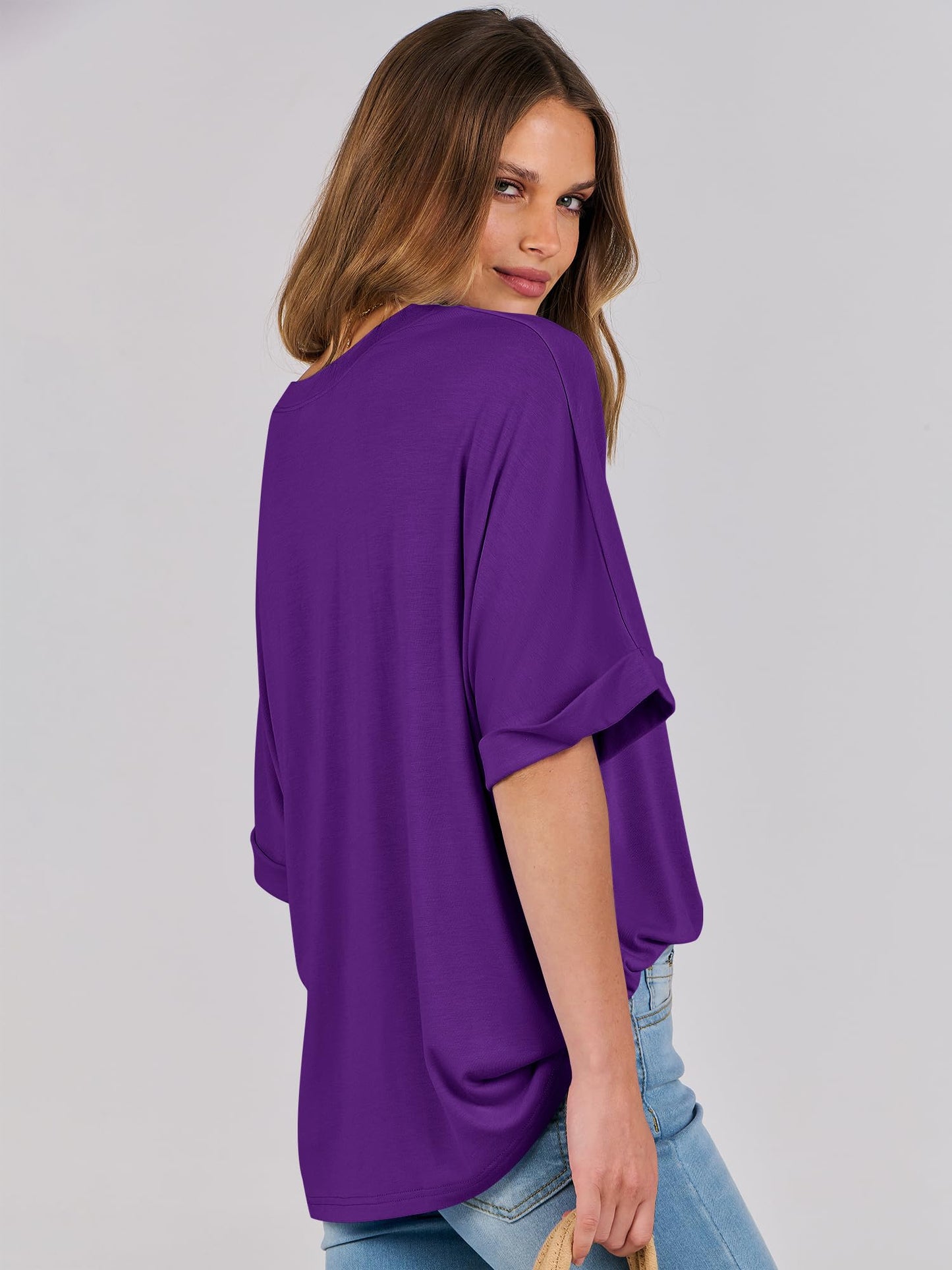 ANRABESS Women's Oversized T Shirts Short Sleeve Crewneck Summer Tops Casual Loose Basic Tee Shirts 2024 Trendy Clothes Dark Purple Small