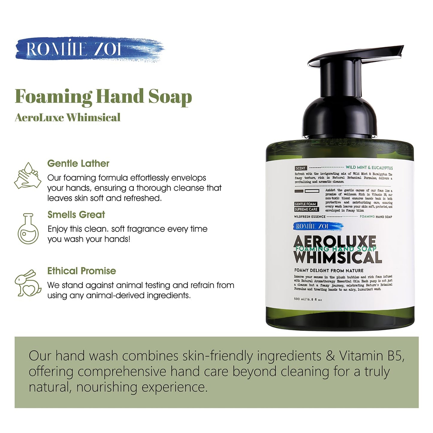 ROMIIE ZOI Natura Indulgence Foaming Hand Soap - Luxury Hand Wash Soap for Bathroom & Kitchen - Invigorating Surge of Wild Mint & Eucalyptus - 500 ML / 16.8 FL OZ(Pack of 2)